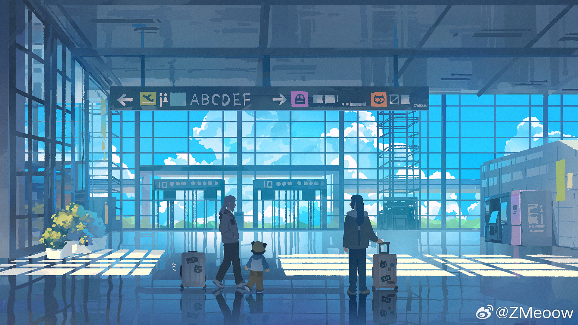 zmeoow, luo xiaohei, luo xiaohei (human), wuxian (the legend of luoxiaohei), luo xiaohei zhanji, highres, 1girl, 2boys, black hair, black pants, blue hair, blue sky, brown pants, cloud, grey hair, long hair, long sleeves, low-tied long hair, luye (the legend of luoxiaohei), multiple boys, pants, plant, ponytail, reflection, sky, suitcase, wide shot