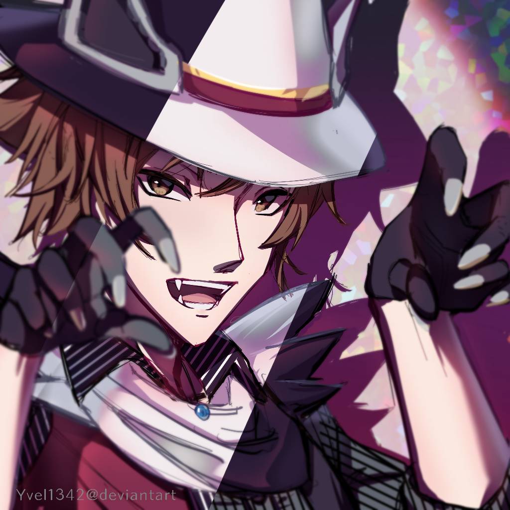 yvel (vszw2427), hilbert (fall 2020) (pokemon), hilbert (pokemon), nintendo, pokemon, pokemon masters ex, 1boy, black gloves, brown eyes, brown hair, claw pose, deviantart username, fangs, gloves, looking at viewer, male focus, official alternate costume, open mouth, solo, upper body