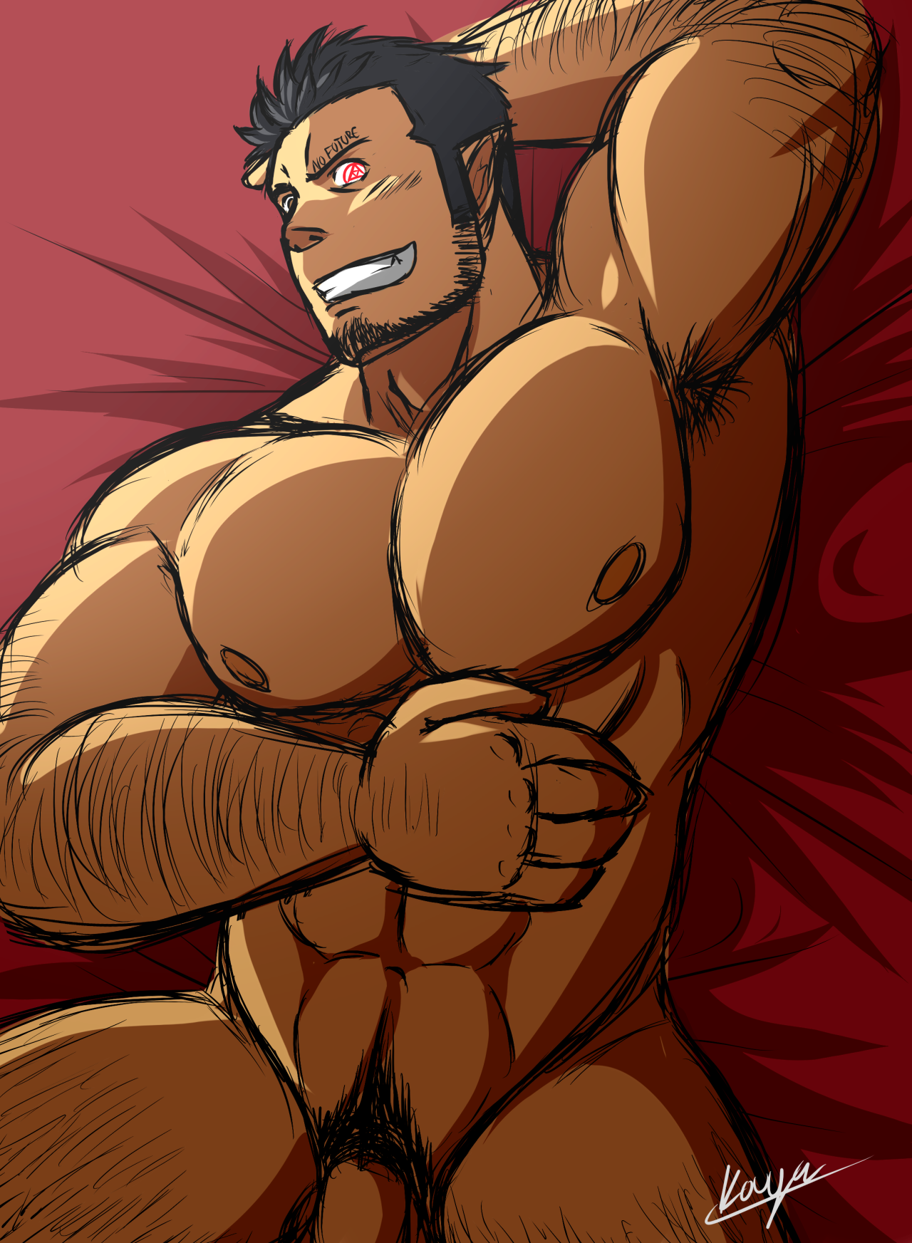 k0utato, free (soul eater), soul eater, commentary, english commentary, highres, 1boy, abs, arm hair, armpit hair, bara, beard, black hair, connected beard, facial hair, grin, large pectorals, lying, male focus, male pubic hair, muscular, muscular male, nipples, nude, on back, pectorals, penis out of frame, pointy ears, pubic hair, short hair, signature, smile, solo