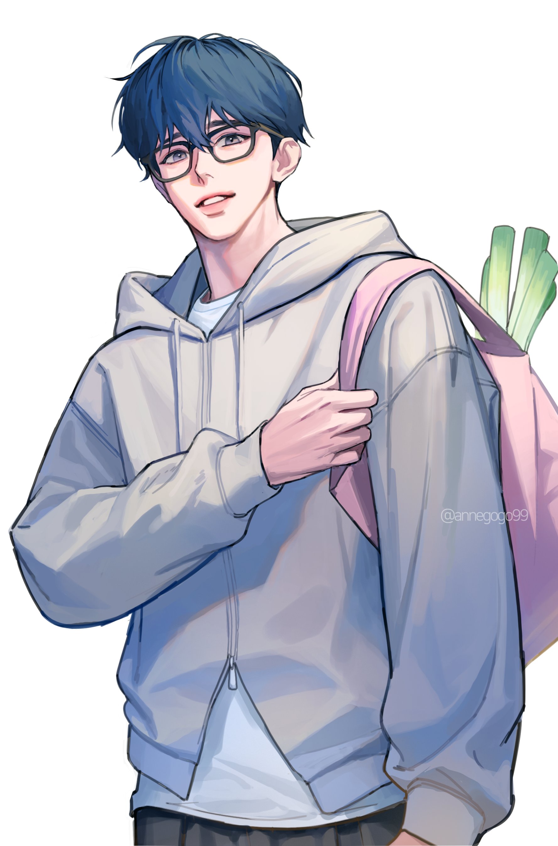 annegogo99, absurdres, highres, korean commentary, 1boy, backpack, bag, blue hair, cowboy shot, glasses, grey hoodie, hair between eyes, holding, holding bag, hood, hoodie, k-pop, long sleeves, looking at viewer, male focus, parted lips, plave, short hair, simple background, smile, solo, spring onion, white background, yejun (plave)