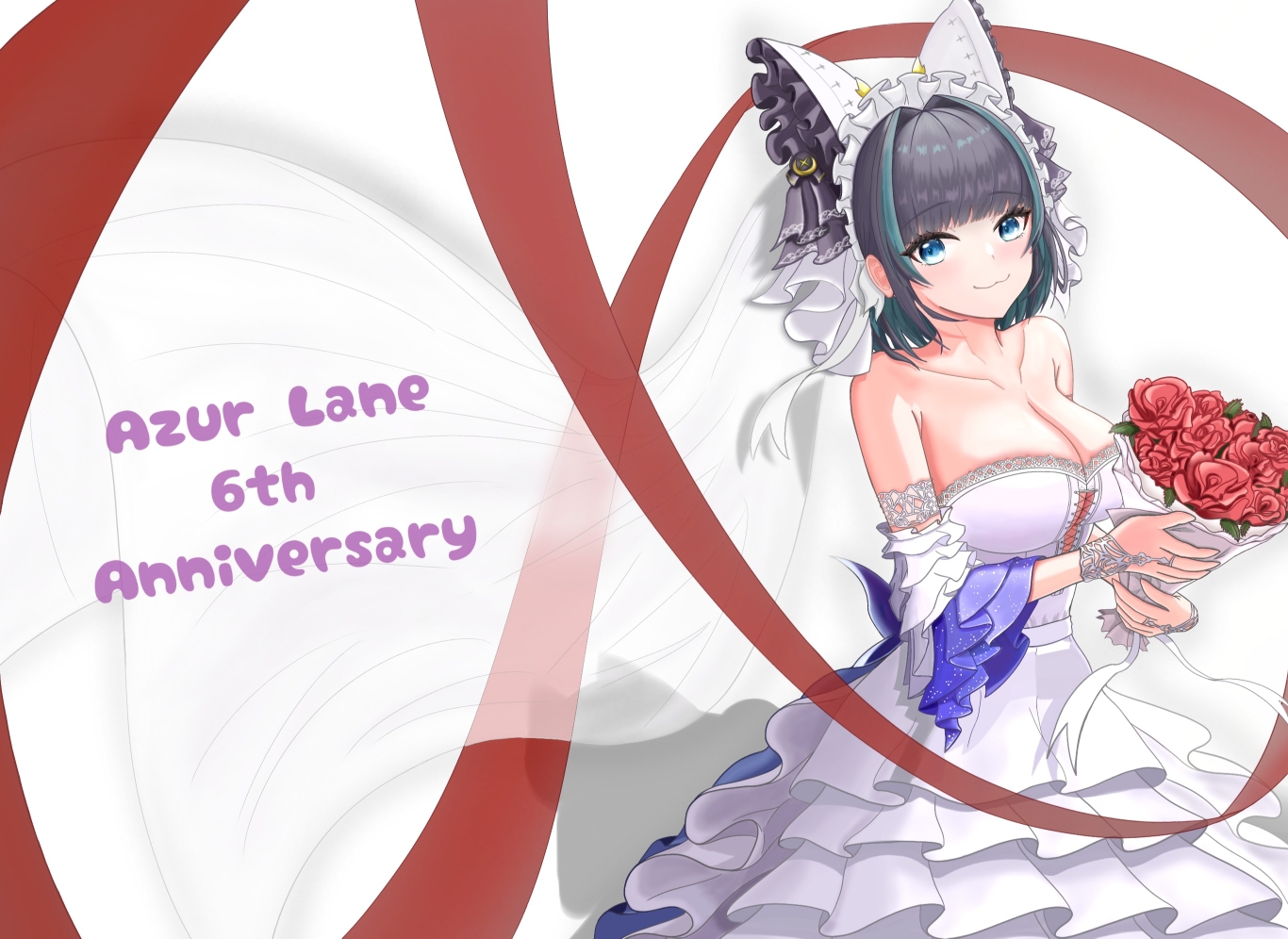 kiiro (user59986096), cheshire (azur lane), cheshire (the cat and the white steed) (azur lane), azur lane, commentary request, 1girl, anniversary, aqua streaks, bare shoulders, blue eyes, bouquet, breasts, copyright name, detached sleeves, dress, flower, grey hair, holding, holding bouquet, large breasts, layered dress, looking at viewer, medium hair, multicolored hair, official alternate costume, red flower, red rose, rose, short sleeves, simple background, solo, streaked hair, string, string of fate, two-tone hair, white bustier, white dress