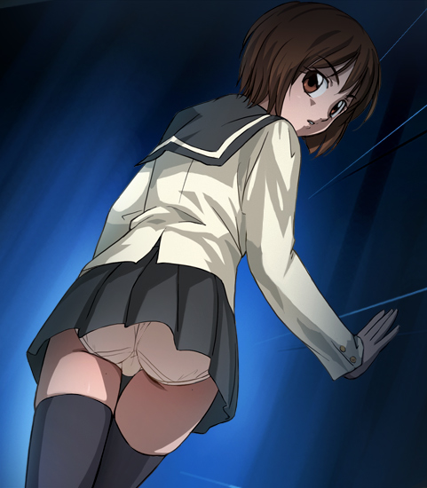 haruyama kazunori, taniyama mai, ghost hunt, third-party edit, 1girl, ass, black thighhighs, brown eyes, brown hair, cameltoe, cowboy shot, dutch angle, female focus, from behind, from below, indoors, looking at viewer, looking back, miniskirt, panties, pantyshot, parted lips, pleated skirt, sailor collar, school uniform, serafuku, short hair, skindentation, skirt, solo, standing, thighhighs, underwear, upskirt, zettai ryouiki