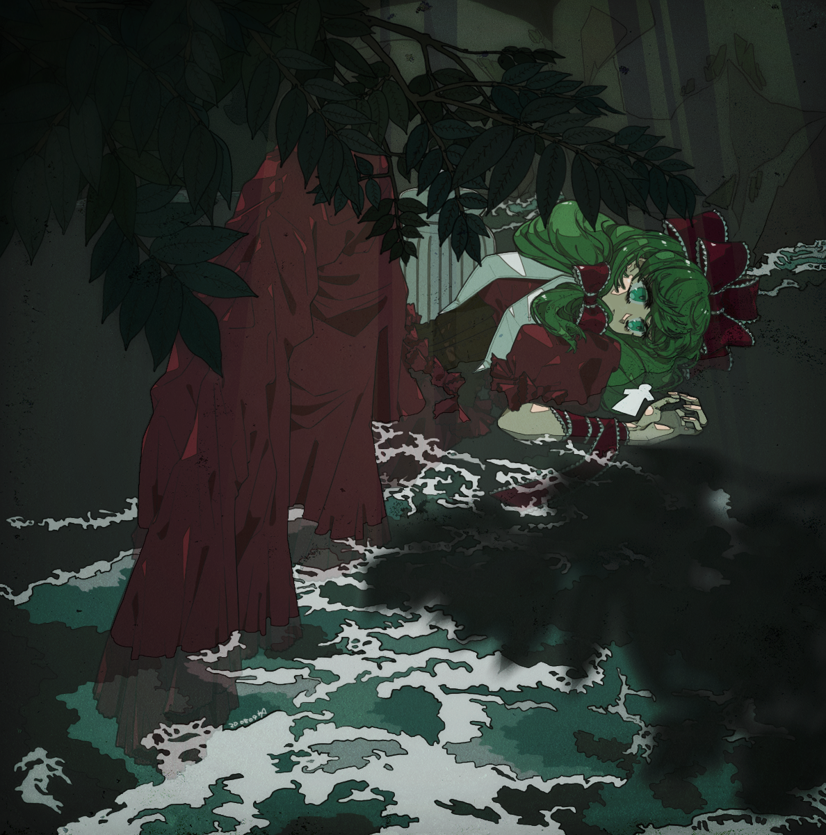 a-li, kagiyama hina, touhou, commentary request, highres, 1girl, arm ribbon, blurry, branch, brown corset, collar, corset, depth of field, dress, frilled ribbon, frills, green eyes, green hair, hair ribbon, in water, knees up, leaf, light rays, long dress, long hair, lying, on back, on ground, puffy short sleeves, puffy sleeves, red dress, red ribbon, ribbon, short sleeves, solo, sunbeam, sunlight, vase, white collar