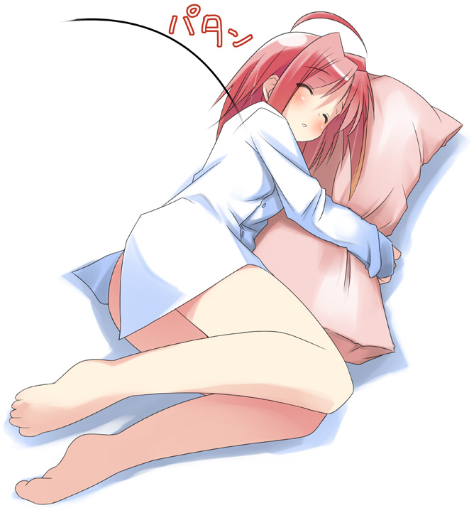 mizoguchi keiji, caro ru lushe, lyrical nanoha, mahou shoujo lyrical nanoha, mahou shoujo lyrical nanoha strikers, 00s, barefoot, bottomless, closed eyes, dress shirt, feet, hugging object, pillow, pillow hug, pink hair, shirt, sleeping, solo, white shirt