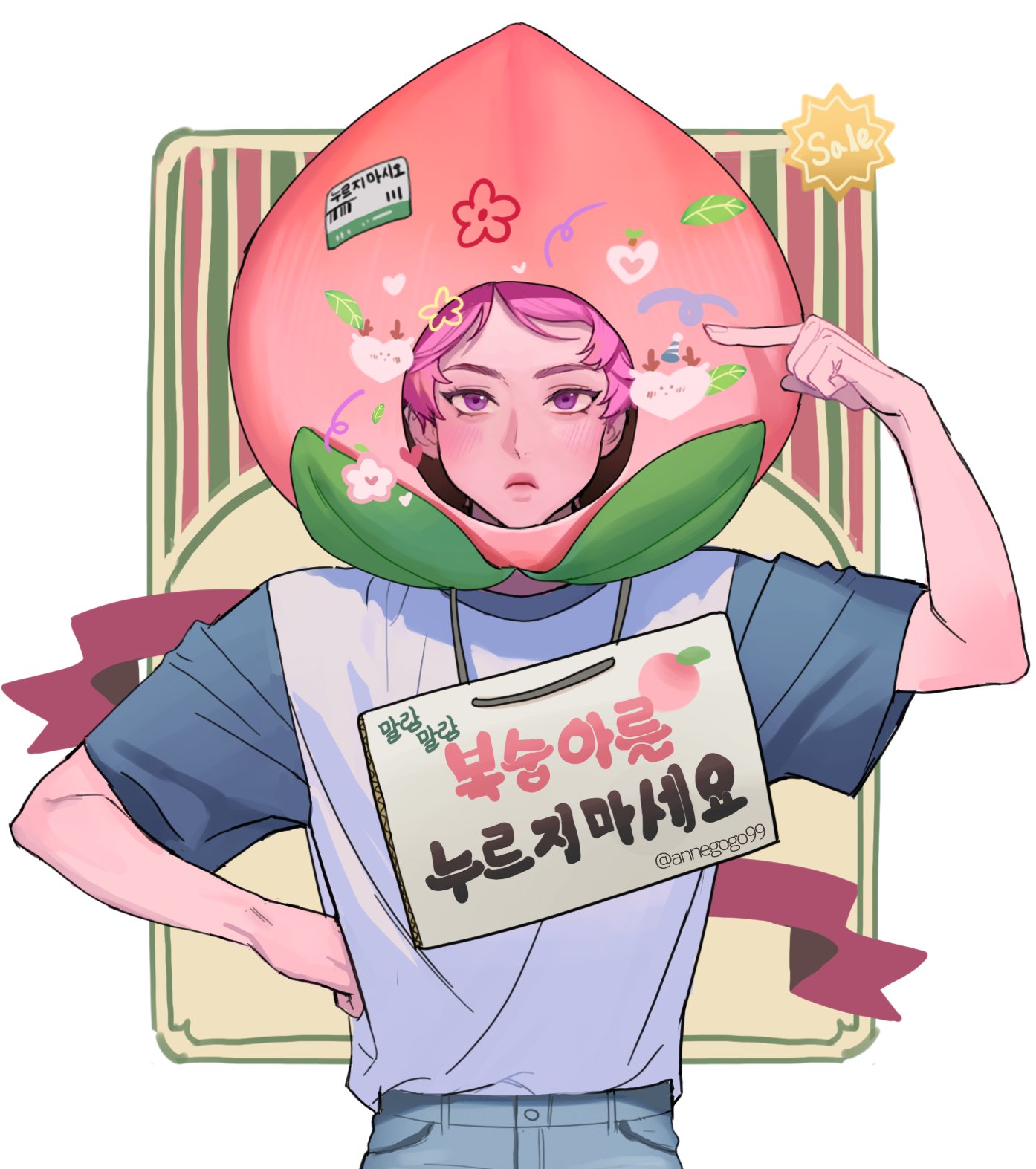 annegogo99, commentary, highres, korean commentary, 1boy, arm up, bamby (plave), closed mouth, cowboy shot, food, fruit, fruit hat, hand on own hip, index finger raised, korean text, male focus, peach, pink eyes, pink hair, plave, pointing, pointing at self, shirt tucked in, short hair, short sleeves, sign, sign around neck, solo, straight-on, white background