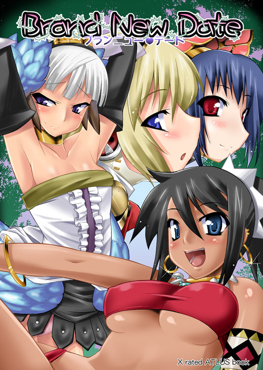 utamaro, aigis (persona), gwendolyn (odin sphere), metis (persona), shilleka, atlus, etrian odyssey, odin sphere, persona, persona 3, persona 3 the answer, 4girls, armlet, armpits, arms up, bandeau, bikini, black hair, blonde hair, blue eyes, blush, bracelet, breasts, choker, content rating, cover, dark-skinned female, dark skin, dress, earrings, elbow gloves, flat chest, gloves, hoop earrings, jewelry, large breasts, medium breasts, multiple girls, necklace, open mouth, panties, pink panties, ponytail, purple eyes, red eyes, smile, strapless, strapless dress, swimsuit, tube top, underboob, underwear, white hair