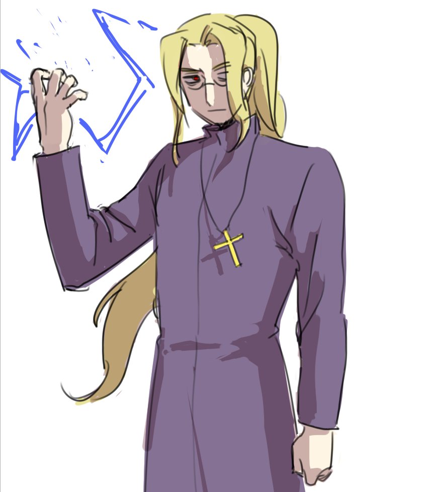 wood incarnet, michael roa valdamjong, michael roa valdamjong (human), tsukihime, 1boy, arm up, blonde hair, cross, cross necklace, electricity, electrokinesis, jewelry, long hair, looking at another, male focus, necklace, open hand, ponytail, priest, red eyes, simple background, sketch, tunic, upper body, very long hair