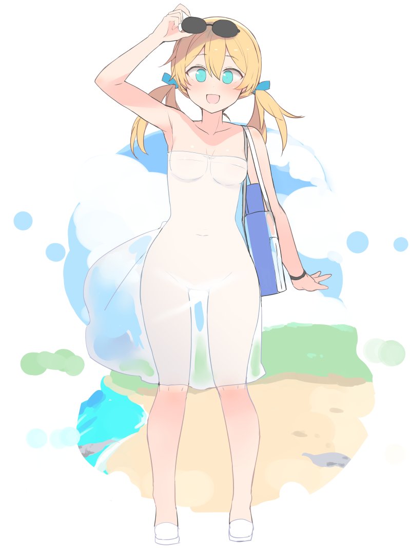 shin (new), prinz eugen (kancolle), kantai collection, commentary request, unfinished, 1girl, :d, alternate costume, bag, beach, blonde hair, blue bow, blue eyes, blush, bow, breasts, collarbone, covered navel, day, double-parted bangs, dress, eyewear on head, full body, hair between eyes, hair bow, long hair, looking at viewer, low twintails, medium breasts, open mouth, outdoors, see-through clothes, see-through dress, shoes, shoulder bag, sketch, smile, solo, standing, stomach, strapless, strapless dress, sunglasses, twintails, white dress, white shoes