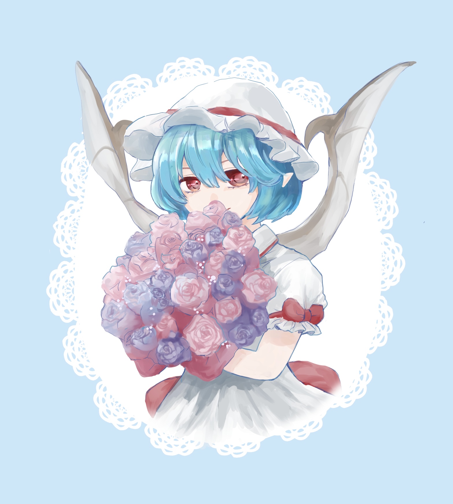 remilia scarlet, touhou, highres, 1girl, bat wings, border, bouquet, bow, dress, flower, frilled hat, frills, hair between eyes, hand up, hat, hat ribbon, holding, holding bouquet, ornate border, pink flower, pink rose, pointy ears, puffy short sleeves, puffy sleeves, purple flower, purple hair, purple rose, red bow, red eyes, red ribbon, ribbon, rose, sakasano8, short hair, short sleeves, solo, waist bow, white dress, white hat, wings
