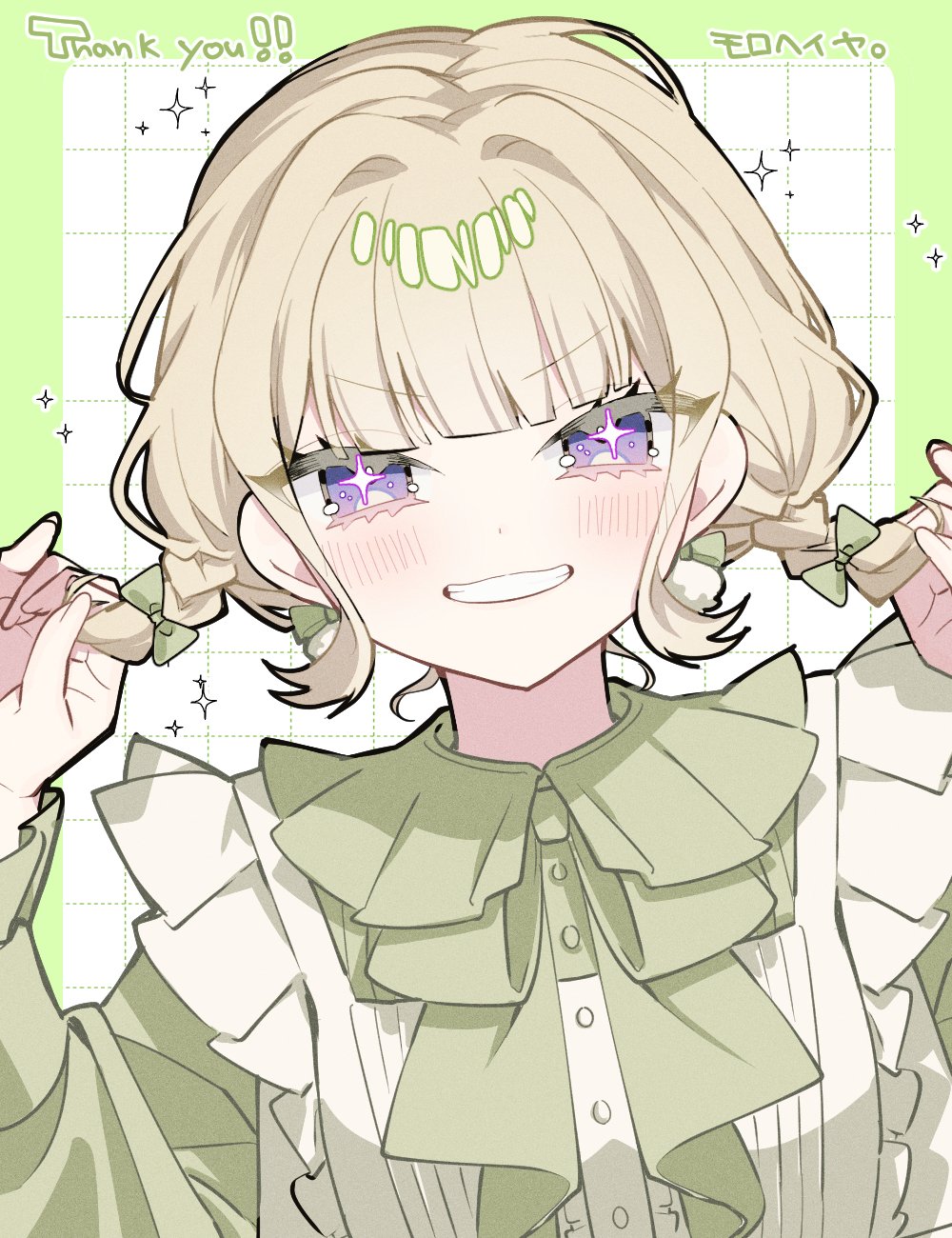 original, commission, highres, skeb commission, 1girl, apron, blonde hair, blunt bangs, blush, bow, braid, buttons, dress, earrings, frills, green bow, green dress, green shirt, grid background, grin, hair bow, hands up, holding, jewelry, long sleeves, looking at viewer, pom pom (clothes), pom pom earrings, purple eyes, shirt, sidelocks, smile, solo, sparkle, sparkling eyes, twin braids, tznb last, white apron, white background