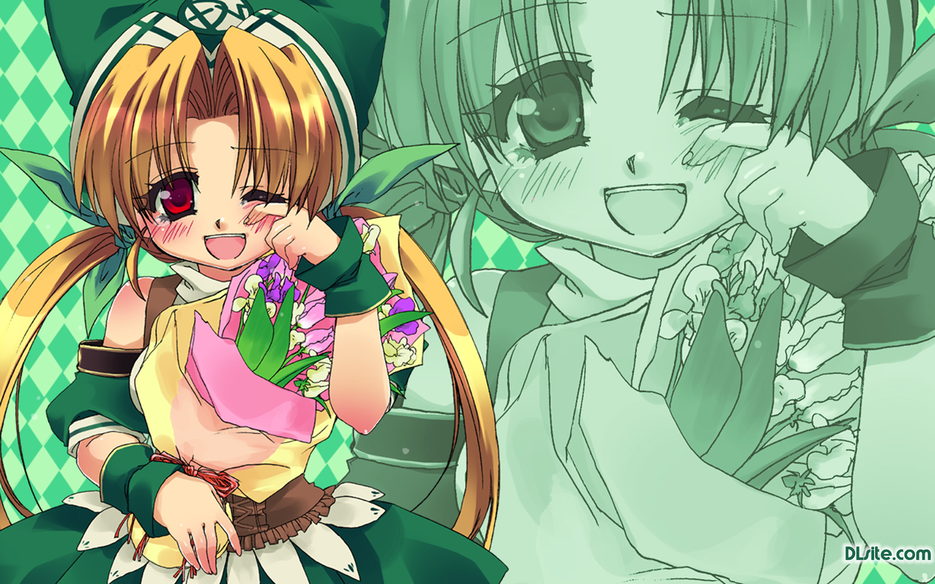 malino (dream maker), premium-chan, dlsite.com, original, highres, 1girl, blonde hair, blush, bouquet, female focus, flower, happy, red eyes, solo, zoom layer