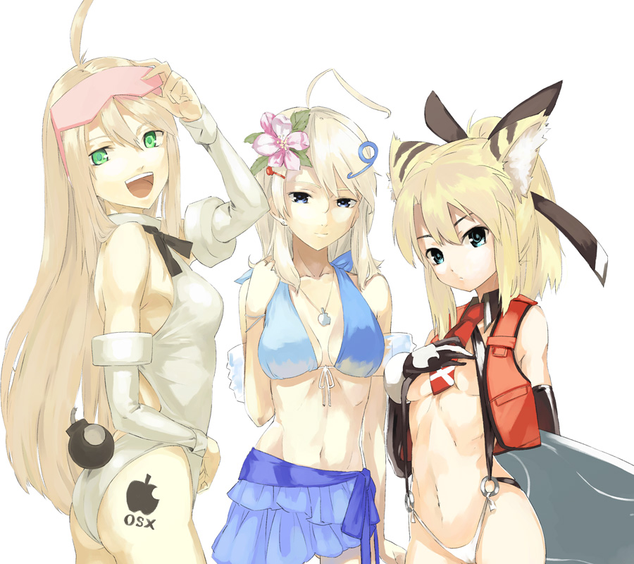 file17, u (the unko), os9, osx, os-tan, 3girls, ahoge, animal ears, bikini, bikini skirt, blonde hair, bomb, cat ears, explosive, highleg, highleg bikini, multiple girls, one-piece swimsuit, swimsuit