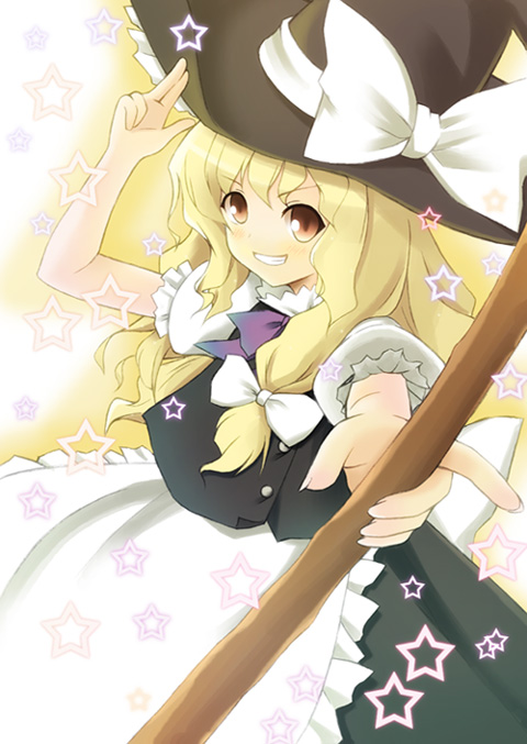 tsukina (artist), kirisame marisa, touhou, eyebrows, 1girl, apron, black hat, black skirt, black vest, blonde hair, blush, bow, braid, female focus, fingernails, frilled apron, frilled sleeves, frills, grin, hair bow, hat, hat bow, hat ribbon, holding, long fingernails, long hair, looking at viewer, outstretched arm, red eyes, ribbon, salute, shirt, short sleeves, skirt, smile, solo, star (symbol), upper body, vest, waist apron, white apron, white bow, white ribbon, white shirt, witch hat