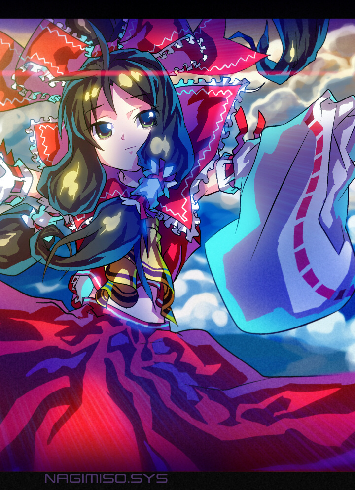 nagimiso, hakurei reimu, touhou, 1girl, brown hair, detached sleeves, female focus, hair tubes, japanese clothes, long hair, miko, solo