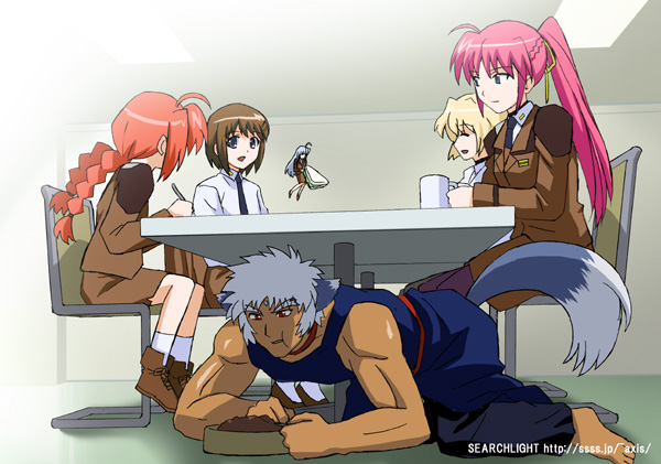 midori (searchlight), reinforce zwei, shamal, signum, vita (nanoha), yagami hayate, zafira, lyrical nanoha, mahou shoujo lyrical nanoha, mahou shoujo lyrical nanoha strikers, 00s, 1boy, 4girls, ahoge, animal ears, blonde hair, braid, dark-skinned male, dark skin, magical boy, military, military uniform, mini person, minigirl, multiple girls, pantyhose, pink hair, ponytail, red hair, tail, twin braids, under table, wolf ears, wolf tail
