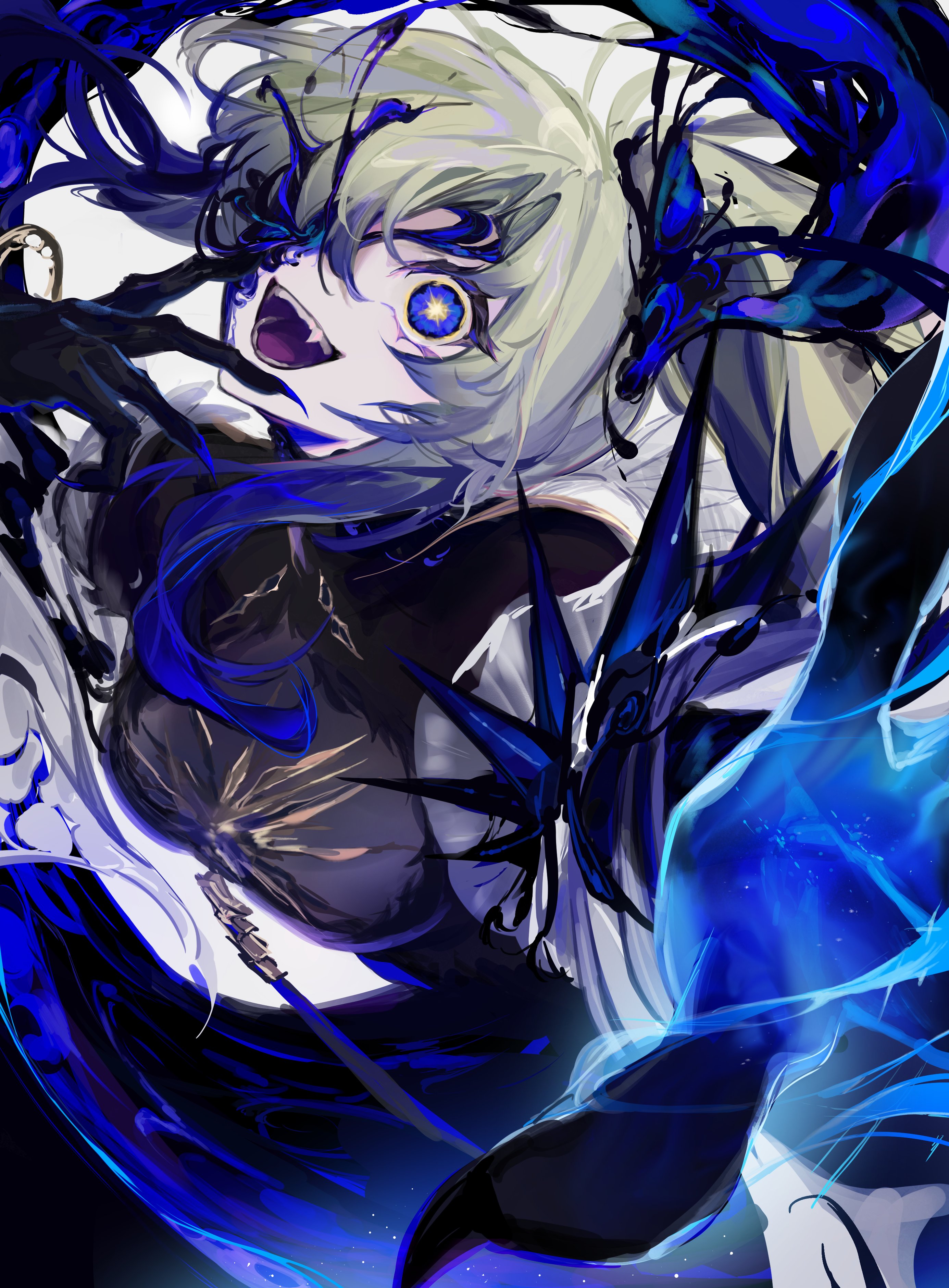 xettia, nonoka (awakended) (arcaea), arcaea, absurdres, highres, 1girl, animal hands, black bodysuit, black gloves, blonde hair, blue eyes, bodystocking, bodysuit, breasts, corruption, crazy smile, curtained hair, fangs, gloves, green hair, hair over one eye, high ponytail, jacket, jewelry, long hair, medium breasts, multiple rings, one eye covered, ponytail, possessed, ring, smile, solo, star-shaped pupils, star (symbol), symbol-shaped pupils, upper body, white jacket, white sleeves