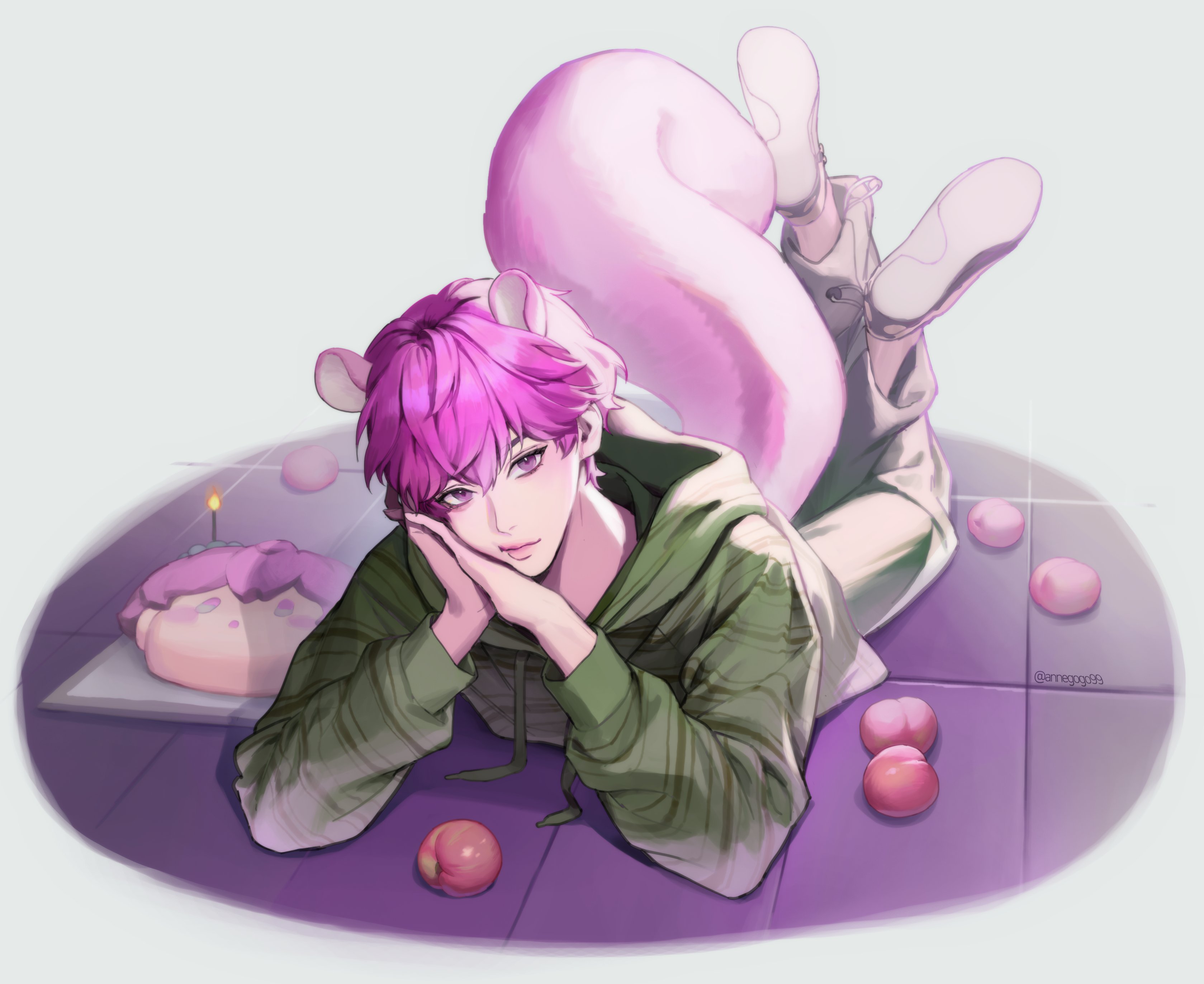 annegogo99, absurdres, highres, 1boy, animal ears, bamby (plave), cake, candle, closed mouth, food, fruit, full body, green hoodie, hair between eyes, hand rest, hood, hoodie, k-pop, long sleeves, looking at viewer, lying, male focus, on stomach, peach, pink eyes, pink hair, plave, short hair, simple background, solo, squirrel ears, squirrel tail, tail, tile floor, tiles, white background