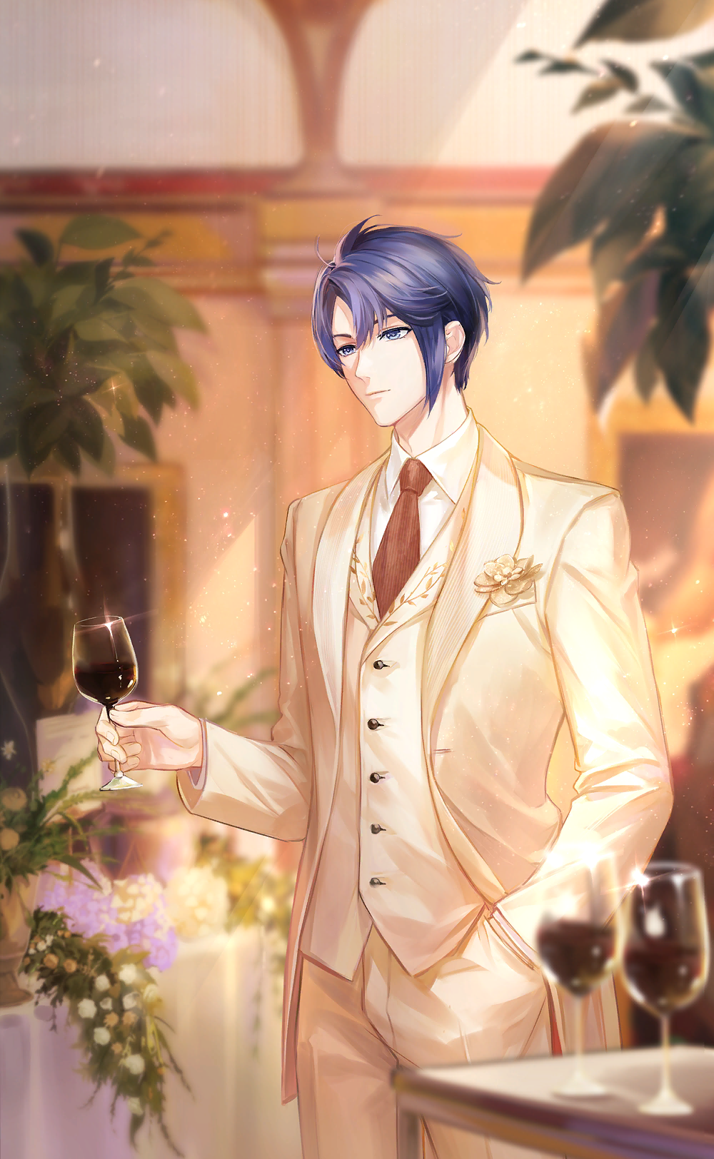nikki (series), shining nikki, artist request, game cg, highres, official art, 1boy, aeon (shining nikki), alcohol, blue eyes, blue hair, breast pocket, brooch, buttons, closed mouth, collared jacket, collared shirt, collared vest, cowboy shot, cup, dress pants, drink, drinking glass, flower, flower brooch, formal clothes, hair between eyes, hand in pocket, holding, holding drink, indoors, jacket, jewelry, lapels, layered sleeves, light particles, light rays, long sleeves, male focus, necktie, night, open clothes, open jacket, pants, peaked lapels, plant, pocket, potted plant, red necktie, shirt, short hair, solo, standing, suit, table, tuxedo, vest, white shirt, wine, wine glass, yellow flower, yellow jacket, yellow pants, yellow suit, yellow vest