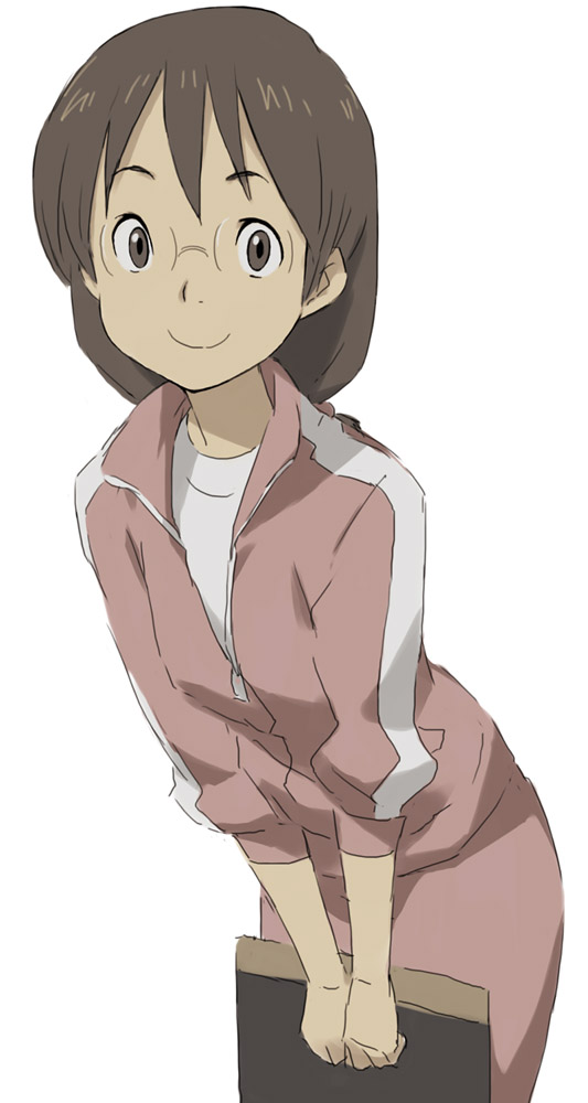 kawata hisashi, maiko-sensei (dennou coil), dennou coil, 00s, brown hair, glasses, short hair, sleeves pushed up, smile, solo