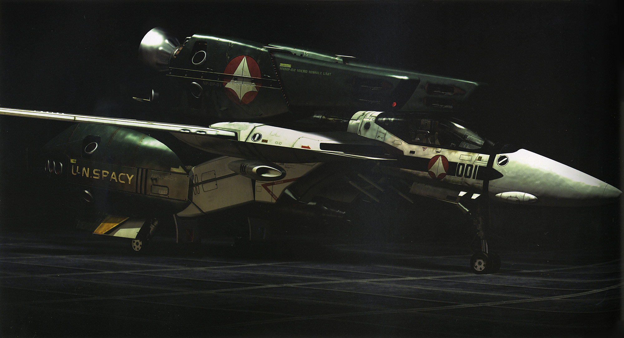tenjin hidetaka, vf-1, vf-1 super, choujikuu yousai macross, macross, macross: do you remember love?, 1980s (style), highres, official art, 3d, aircraft, airplane, dark, fighter jet, hangar, mecha, military, military vehicle, no humans, oldschool, realistic, retro artstyle, robot, valkyrie, vehicle focus