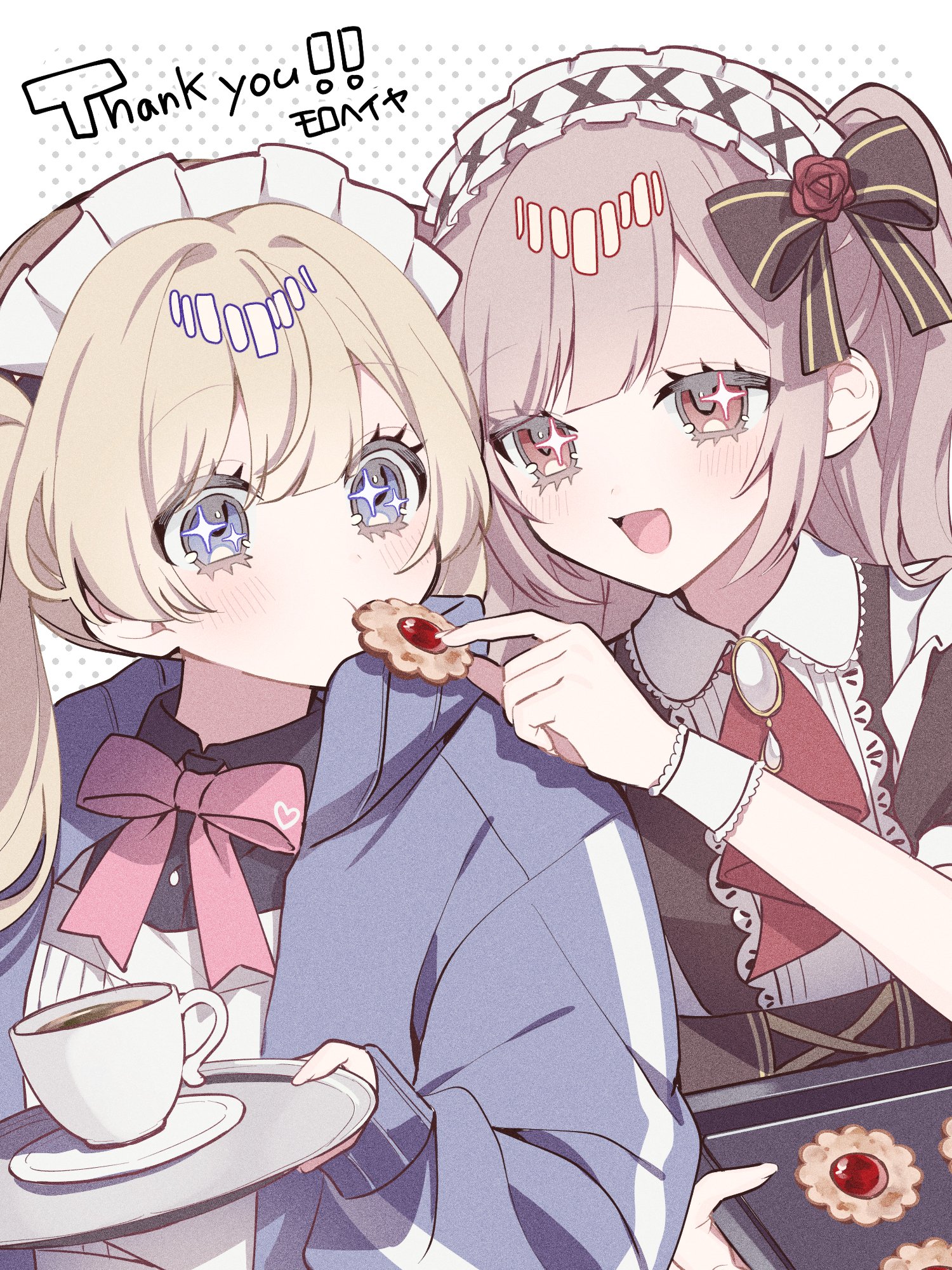 original, commission, highres, skeb commission, + +, 2girls, blonde hair, blue eyes, blush, bow, bowtie, coffee, cookie, cup, feeding, food, holding, long hair, maid, maid headdress, multiple girls, open mouth, pink bow, pink eyes, pink hair, smile, teacup, twintails, tznb last
