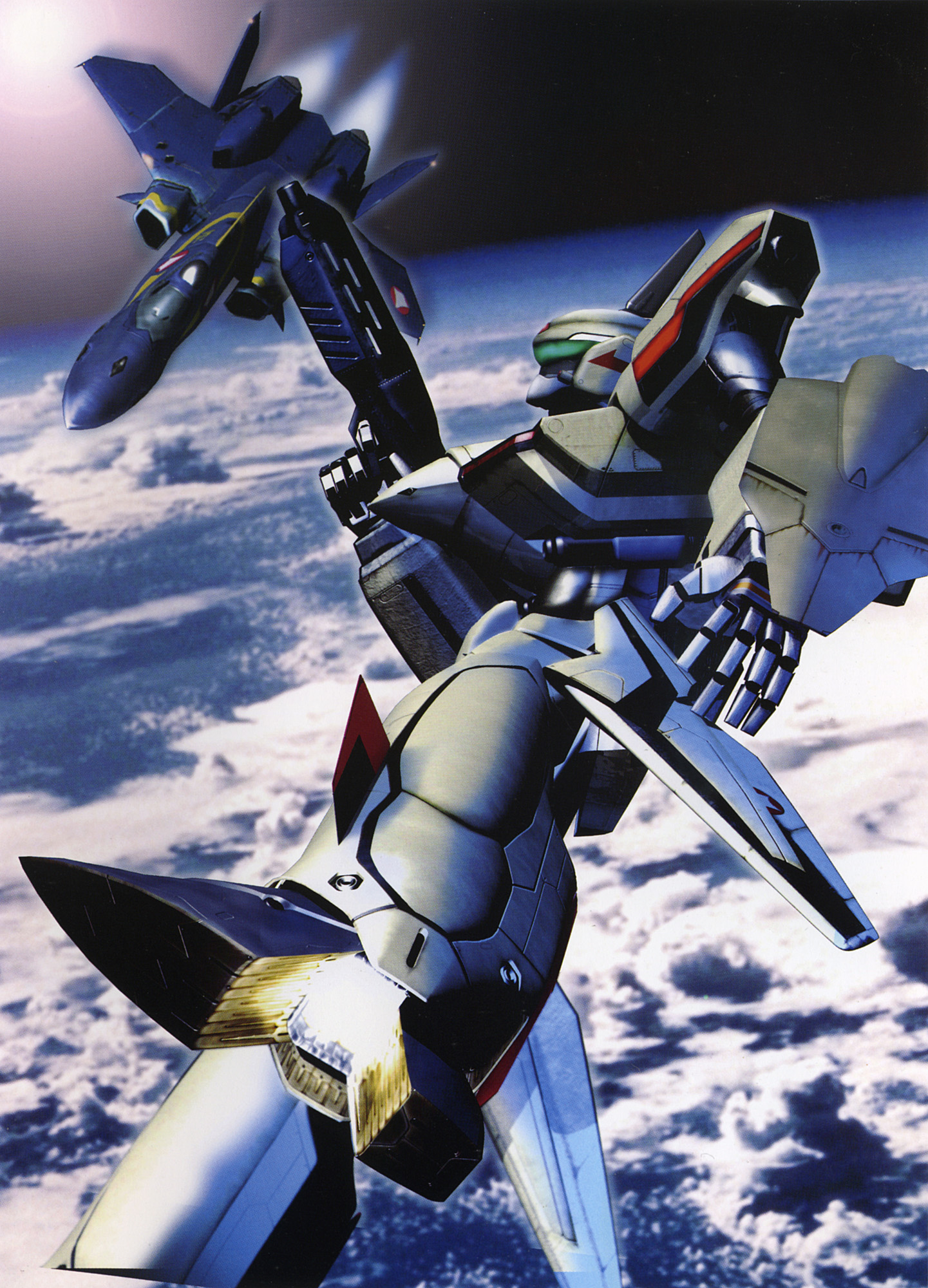 tenjin hidetaka, yf-19, yf-21, macross, macross plus, highres, 1990s (style), aircraft, airplane, cloud, fighter jet, floating, flying, gun, mecha, military, military vehicle, no humans, realistic, retro artstyle, rifle, robot, sky, space, spacecraft, starfighter, variable fighter, vehicle focus, weapon