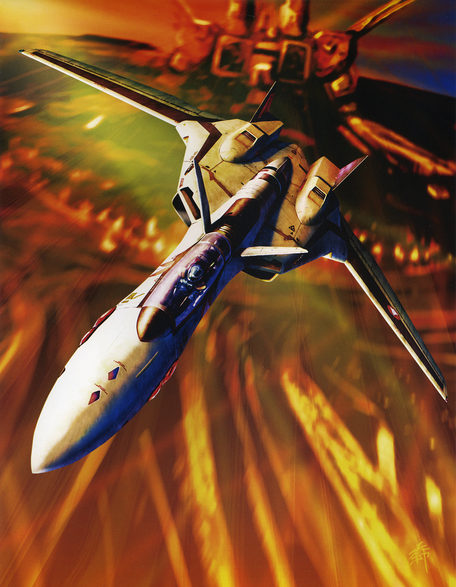 tenjin hidetaka, isamu dyson, sdf-1, yf-19, macross, macross plus, pilot suit, highres, official art, 1990s (style), 1boy, aircraft, airplane, armor, city, fighter jet, flying, helmet, mecha, military, military vehicle, realistic, retro artstyle, robot, spacesuit, storm attacker, vehicle focus