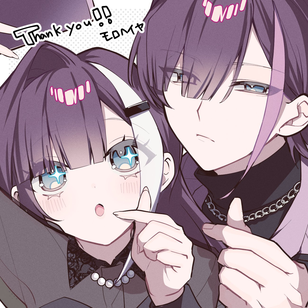 original, commission, highres, skeb commission, 1boy, 1girl, black shirt, blue eyes, blush, book, brother and sister, closed mouth, finger heart, hair ornament, hairclip, holding, holding book, jewelry, long hair, looking at viewer, multicolored hair, necklace, open mouth, purple hair, shirt, siblings, streaked hair, tznb last, white hair