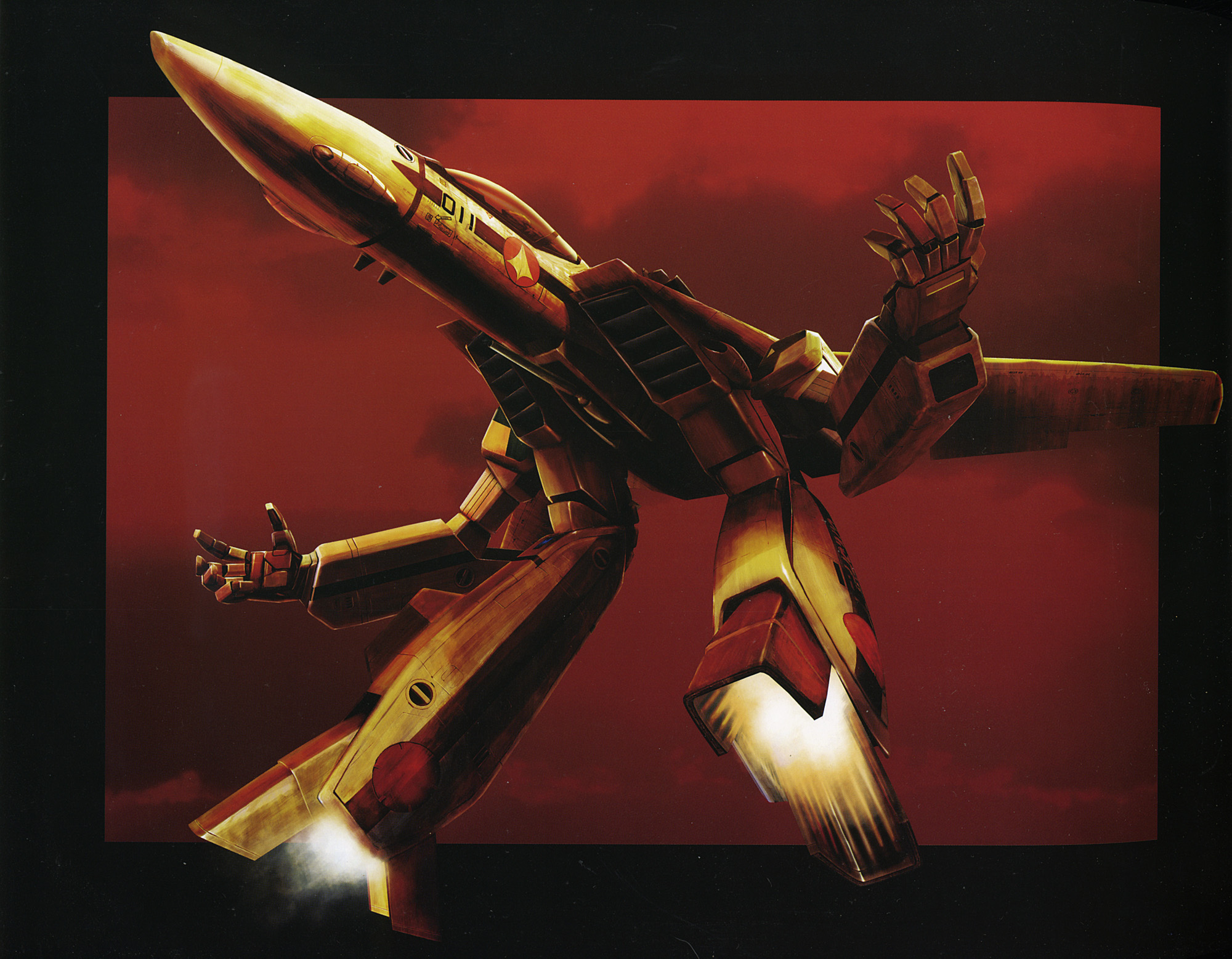 tenjin hidetaka, vf-1, vf-1a, choujikuu yousai macross, macross, macross: do you remember love?, 1980s (style), highres, aircraft, airplane, fighter jet, flying, gerwalk, mecha, military, military vehicle, oldschool, realistic, retro artstyle, robot, valkyrie