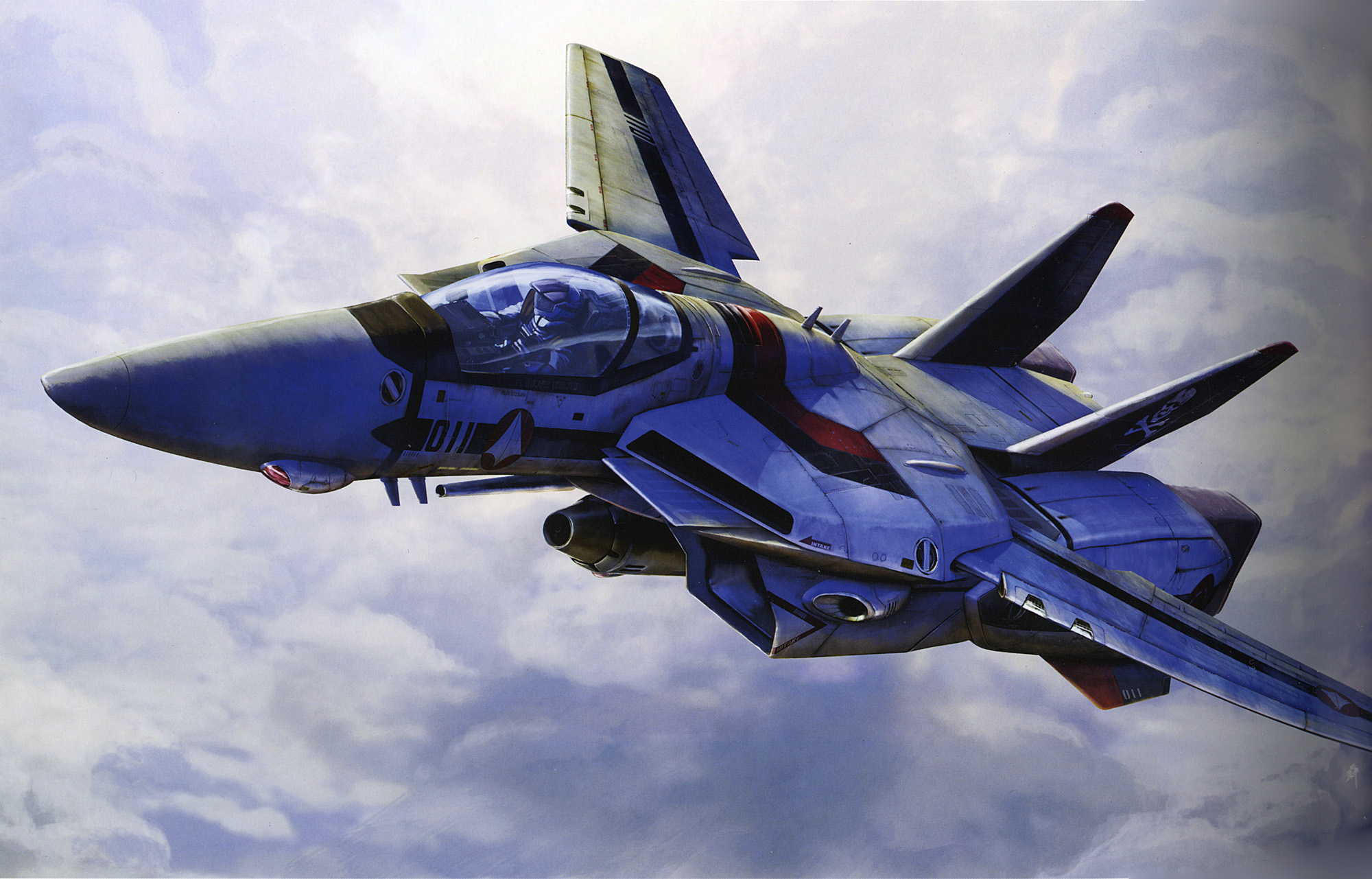 tenjin hidetaka, vf-1, vf-1a, choujikuu yousai macross, macross, macross: do you remember love?, 1980s (style), highres, aircraft, airplane, cloud, day, fighter jet, flying, mecha, military, military vehicle, no humans, oldschool, realistic, retro artstyle, robot, skull and crossbones, skull squadron, sky, vehicle focus