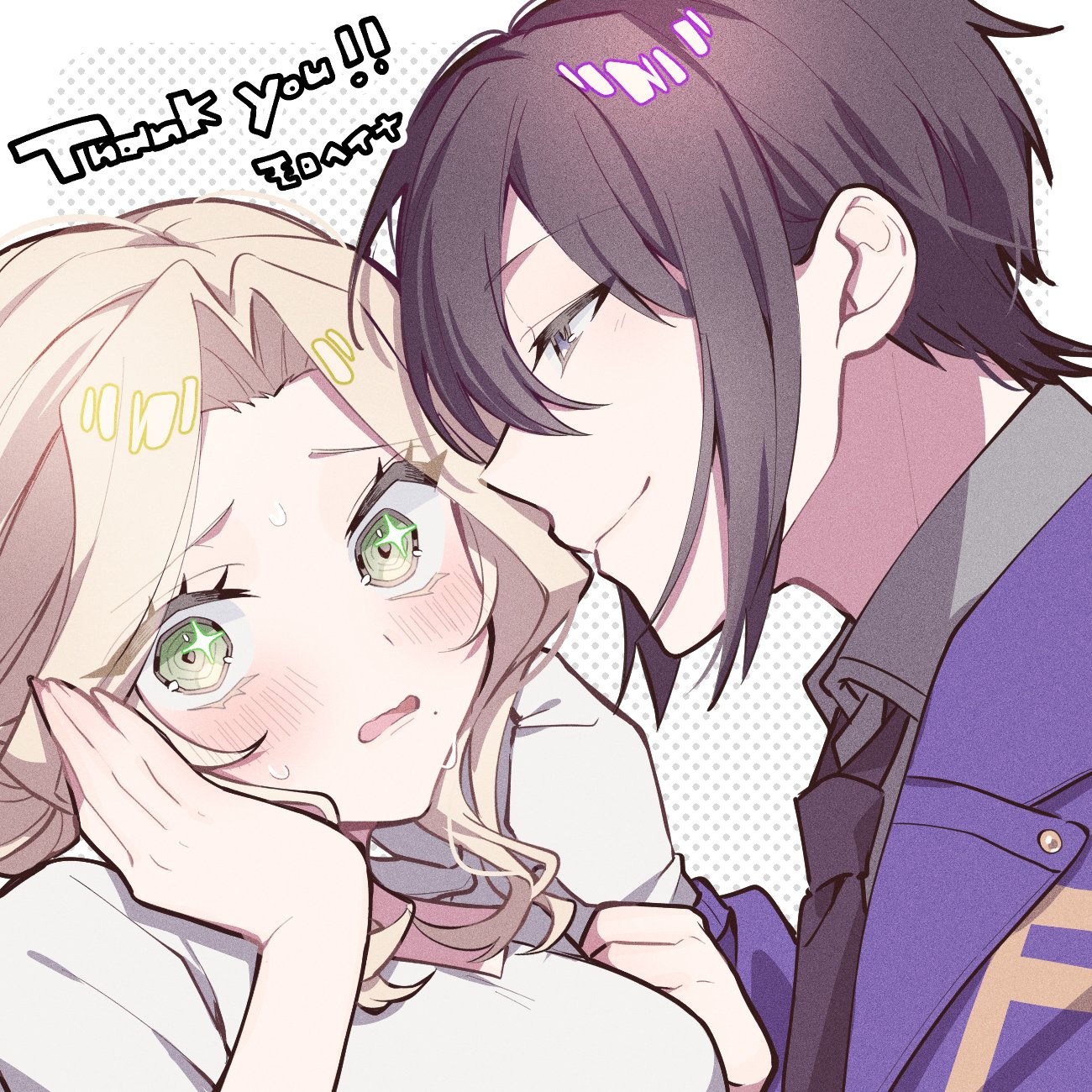 original, commission, highres, skeb commission, 1boy, 1girl, black hair, black necktie, blonde hair, blue jacket, blush, collared shirt, green eyes, grey eyes, grey shirt, heart, hetero, jacket, looking at another, mole, mole under mouth, necktie, shirt, short hair, smile, sweat, symbol-shaped pupils, thank you, tznb last, white shirt
