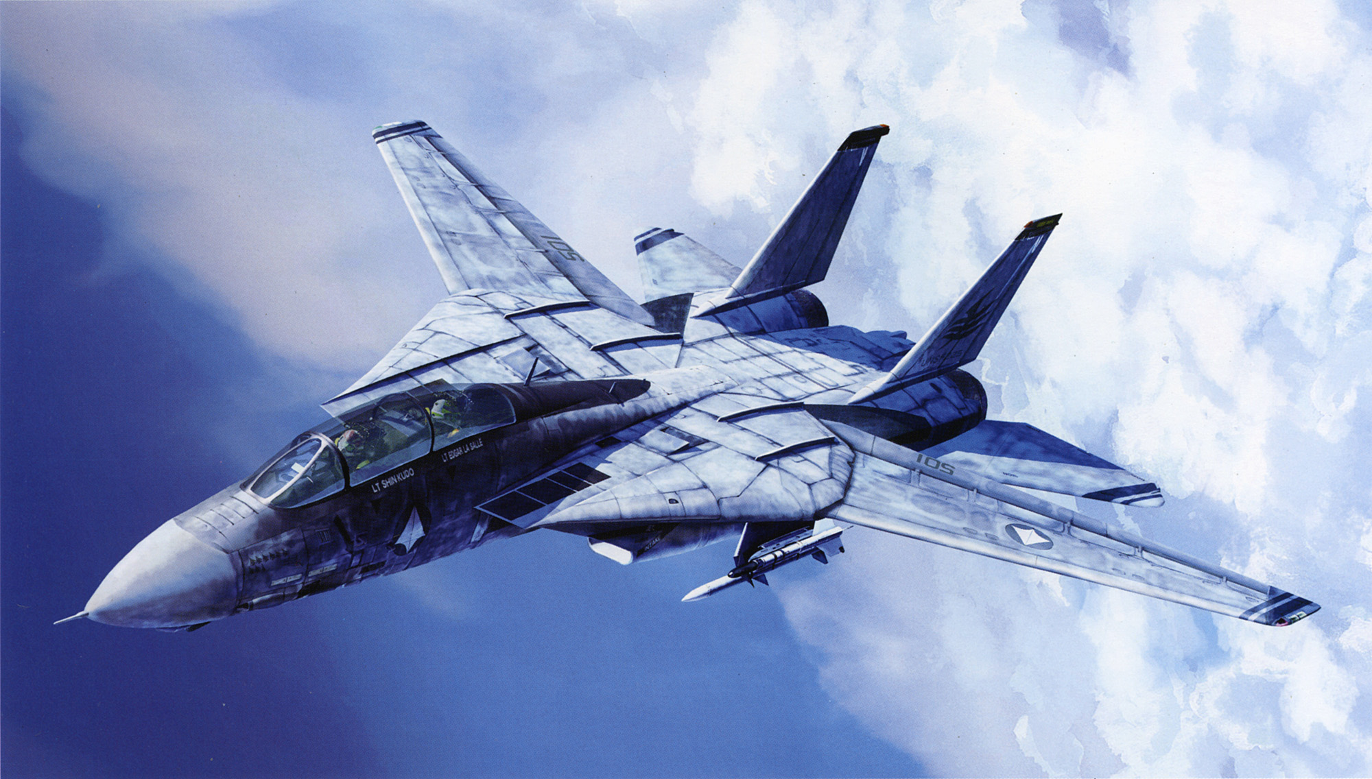tenjin hidetaka, edgar lasalle, f-14, kudou shin, macross, macross zero, pilot suit, highres, official art, 00s, aircraft, airplane, cloud, cockpit, day, fighter jet, flying, helmet, military, military vehicle, missile, pilot, production art, realistic, science fiction, sky, u.n. spacy, vehicle focus