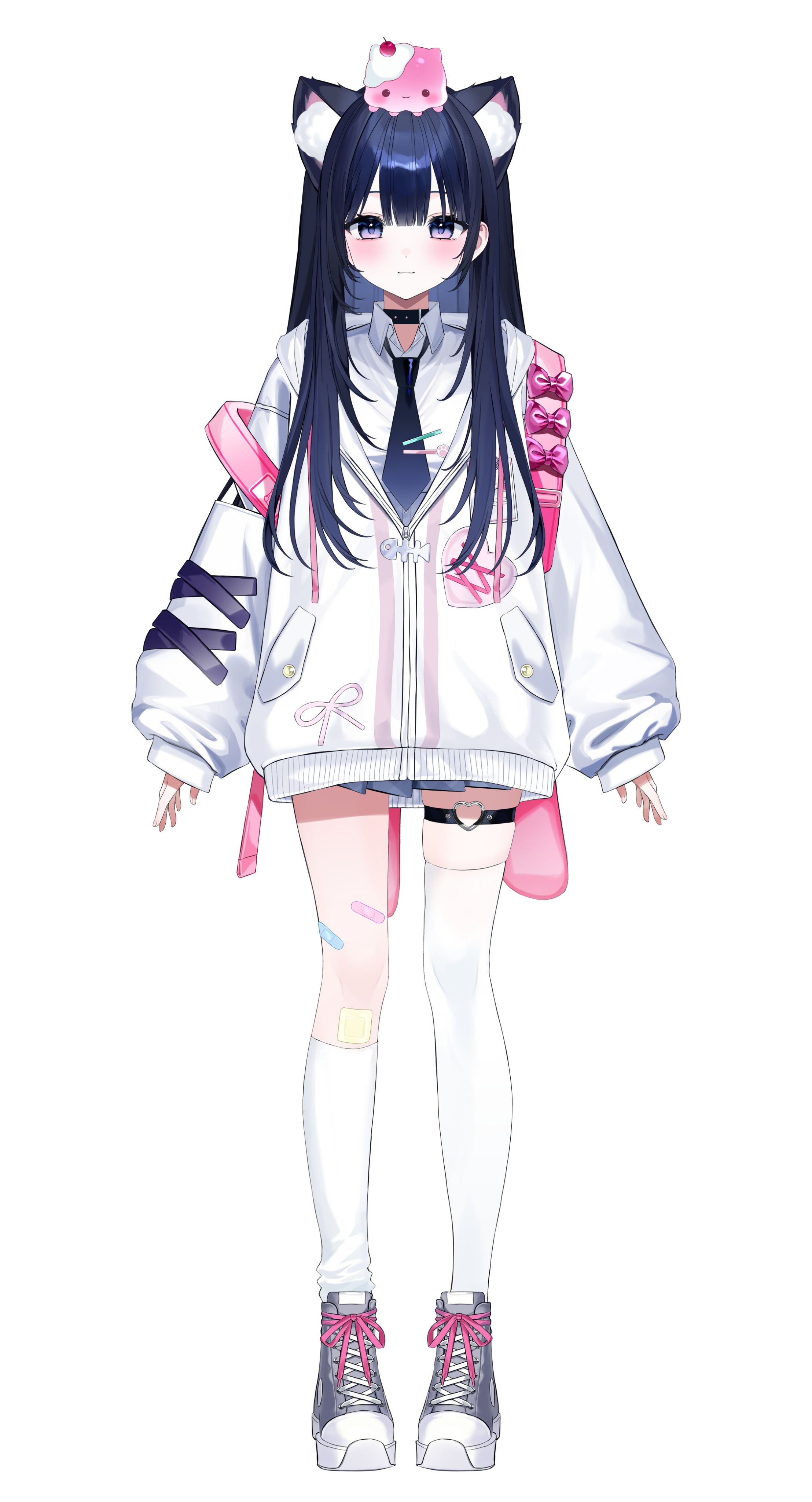 eumi 114, original, absurdres, highres, 1girl, animal ear fluff, animal ears, asymmetrical legwear, black choker, black hair, black necktie, cat ears, cat girl, choker, collared shirt, full body, grey shoes, jacket, long hair, long sleeves, looking at viewer, necktie, partially unzipped, puffy long sleeves, puffy sleeves, purple eyes, shirt, shoes, simple background, solo, standing, thighhighs, umi (eumi 114), virtual youtuber, white background, white jacket, white shirt, white thighhighs