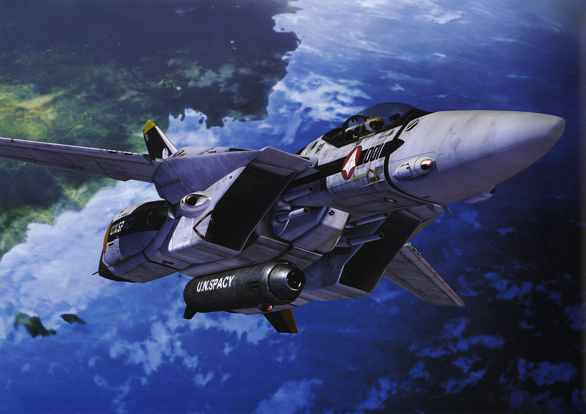 tenjin hidetaka, roy fokker, vf-1, vf-1s, choujikuu yousai macross, macross, macross: do you remember love?, 1980s (style), highres, aircraft, airplane, earth (planet), fighter jet, flying, mecha, military, military vehicle, no humans, oldschool, orbit, planet, realistic, retro artstyle, robot, skull squadron, vehicle focus