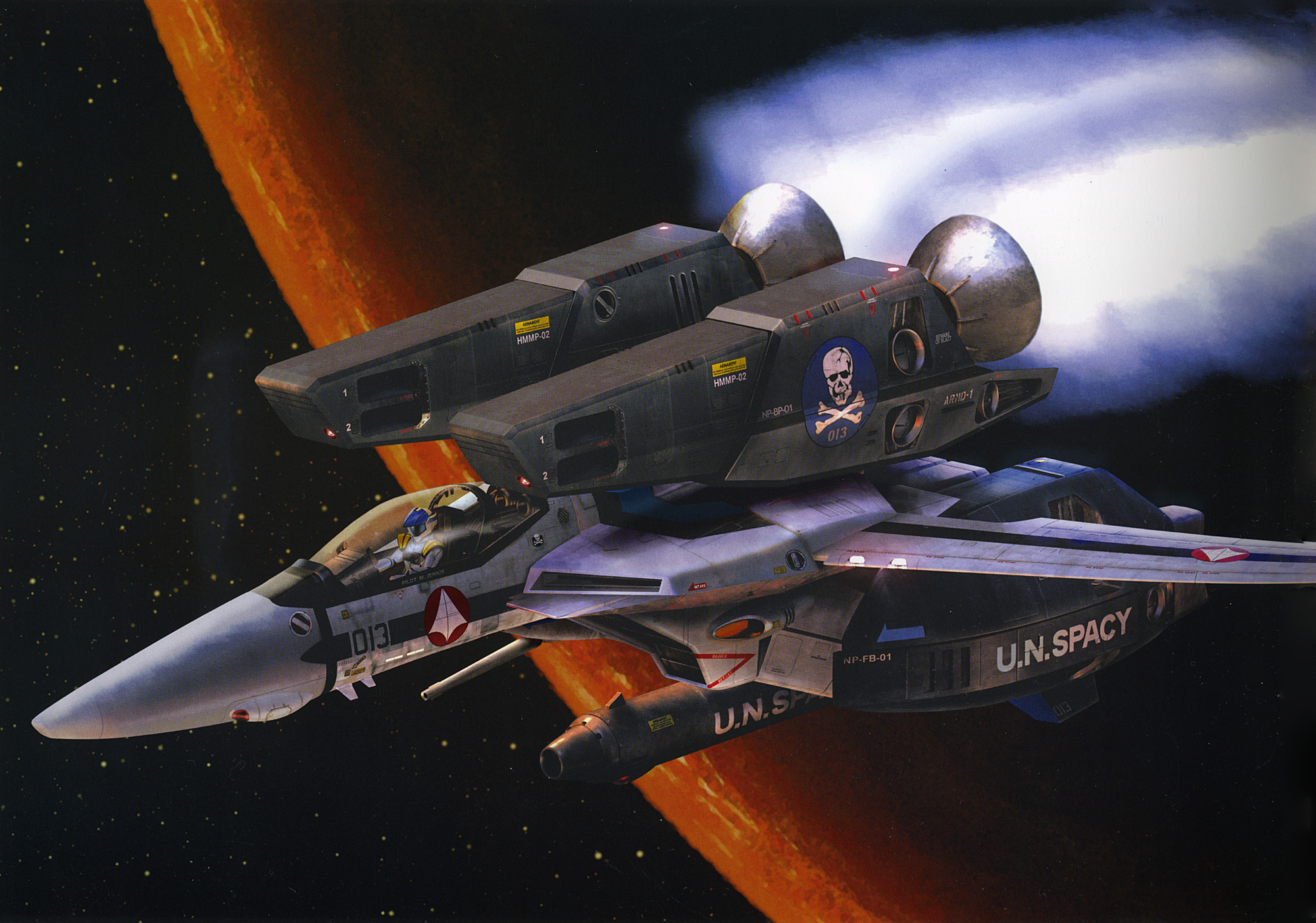 tenjin hidetaka, maximilian jenius, vf-1, vf-1 super, vf-1a, choujikuu yousai macross, macross, macross: do you remember love?, 1980s (style), highres, 1boy, aircraft, airplane, earth (planet), fighter jet, flying, jolly roger, mecha, military, military vehicle, oldschool, orbit, planet, realistic, retro artstyle, robot, science fiction, skull and crossbones, skull squadron, space, spacecraft, star (symbol), starfighter, vehicle focus