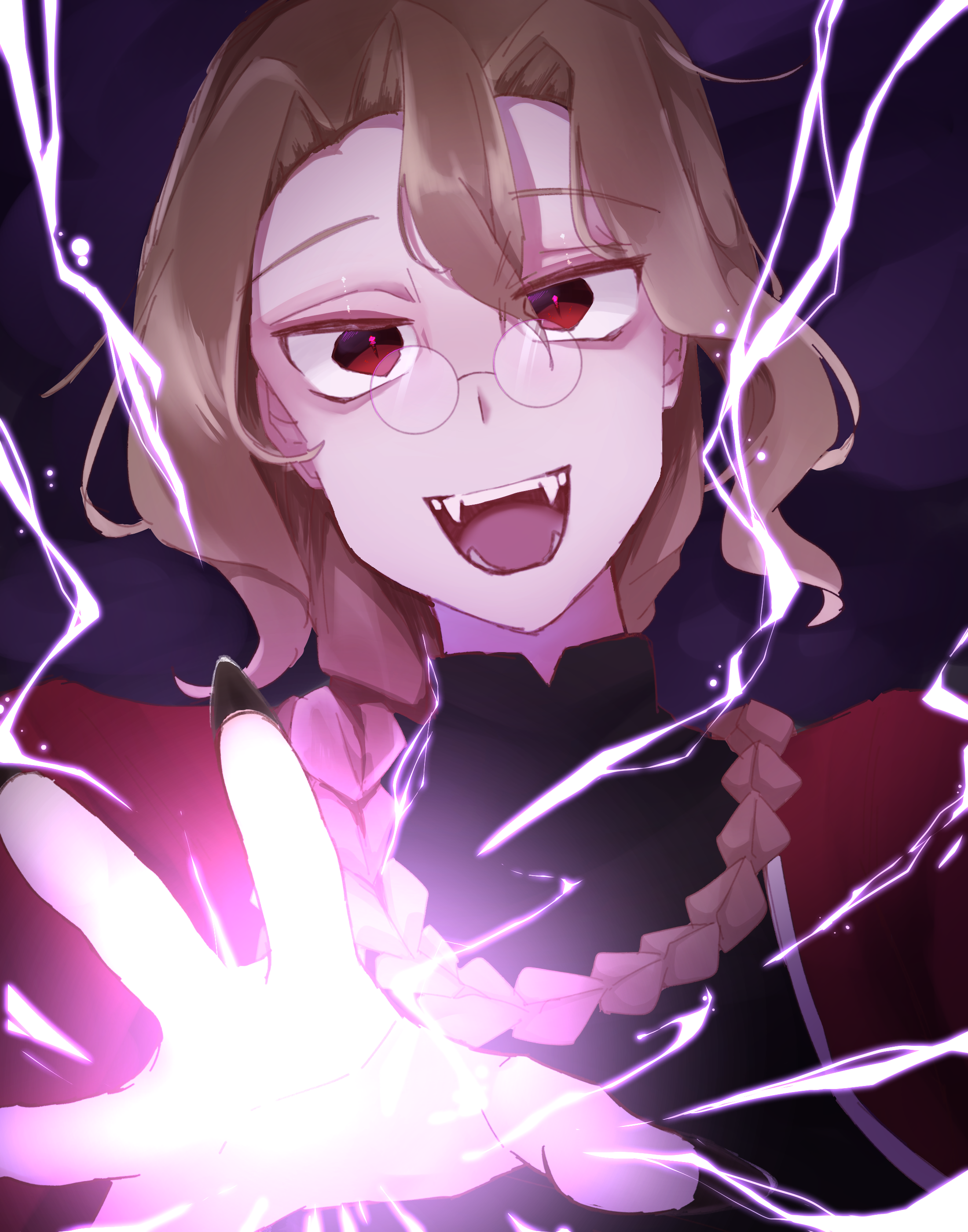michael roa valdamjong, tarantella (fate), fate/grand order, fate (series), absurdres, highres, 1boy, blonde hair, braid, braided ponytail, electricity, electrokinesis, fangs, fingernails, floating hair, glasses, hair between eyes, looking at viewer, male focus, ponytail, priest, reaching, reaching towards viewer, red eyes, sharp fingernails, sharp teeth, teeth, toripi 99, tunic, vampire