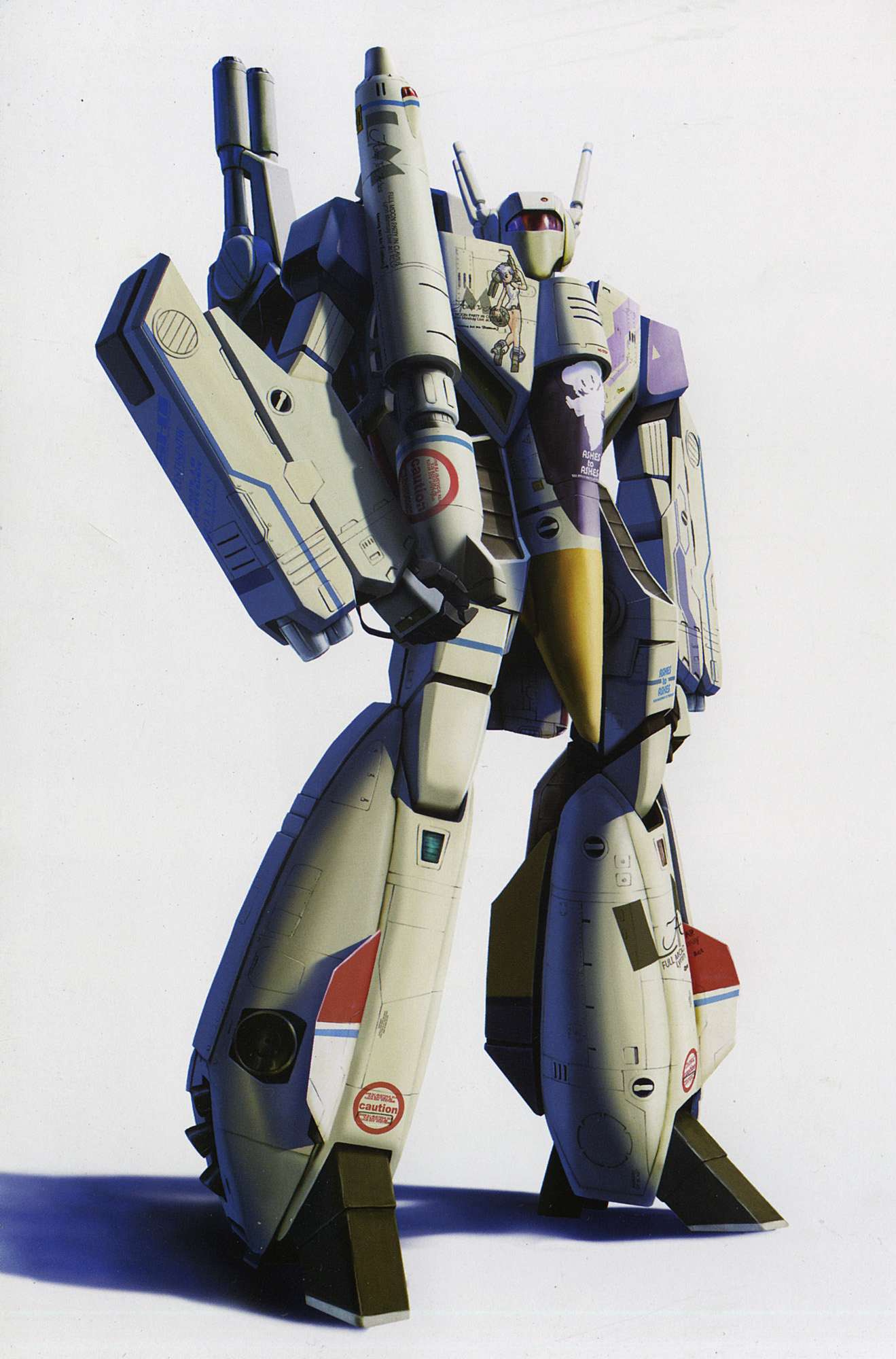 tenjin hidetaka, lynn minmay, vf-1, vf-1 strike, vf-1s, choujikuu yousai macross, macross, macross: do you remember love?, 1980s (style), highres, official art, scan, aircraft, airplane, cannon, fighter jet, gunpod, mecha, mecha focus, military, military vehicle, oldschool, realistic, retro artstyle, robot, science fiction