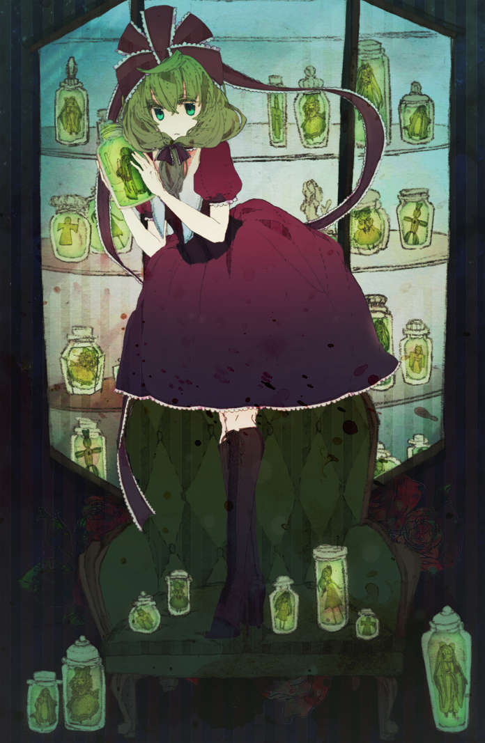 a-li, kagiyama hina, touhou, commentary request, 1girl, black boots, blue background, boots, chair, collar, couch, display case, doll, dress, flower, frilled ribbon, frills, front ponytail, full body, green eyes, green hair, hair ribbon, holding, holding jar, jar, light frown, long hair, on chair, paper doll, red dress, red flower, red ribbon, red rose, ribbon, rose, shelf, solo, standing, standing on chair, straw doll, striped background, white collar
