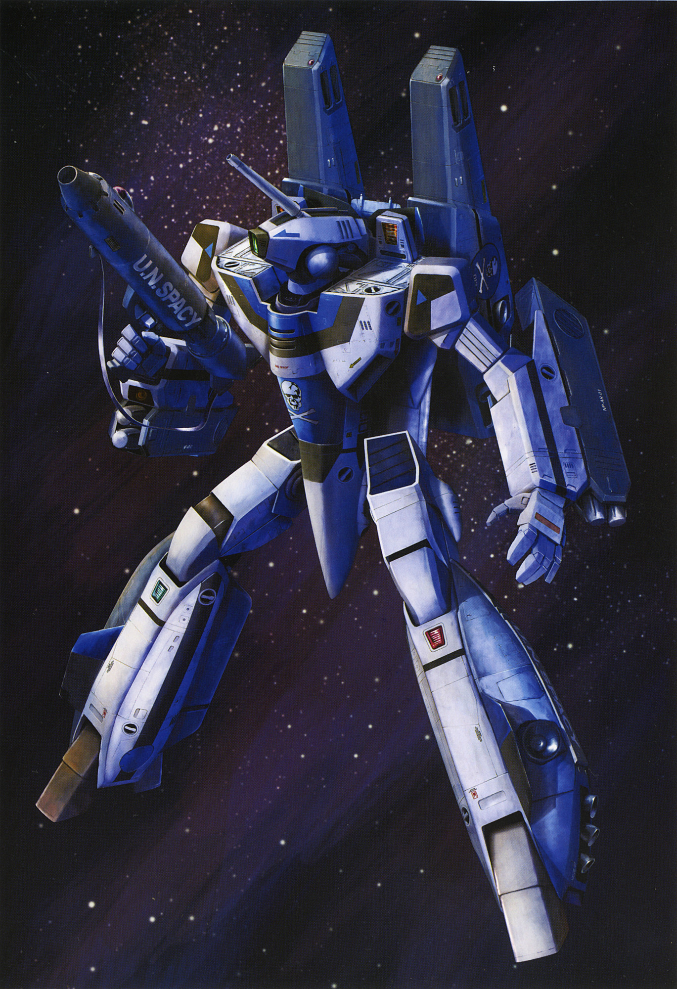 tenjin hidetaka, maximilian jenius, vf-1, vf-1 super, vf-1a, choujikuu yousai macross, macross, macross: do you remember love?, 1980s (style), highres, aircraft, airplane, fighter jet, flying, gun, jolly roger, mecha, military, military vehicle, no humans, oldschool, realistic, retro artstyle, rifle, robot, science fiction, skull and crossbones, space, star (symbol), weapon