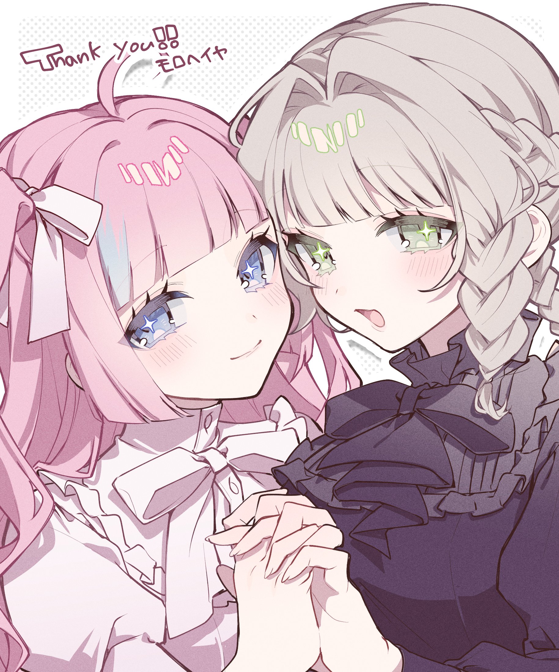 original, commission, highres, skeb commission, 2girls, ahoge, black bow, black bowtie, black dress, blue eyes, blue hair, blunt bangs, blush, bow, bowtie, braid, closed mouth, dress, green eyes, hair intakes, hair ribbon, holding hands, interlocked fingers, long hair, looking at viewer, multicolored hair, multiple girls, open mouth, pink hair, ribbon, shirt, smile, star-shaped pupils, star (symbol), streaked hair, symbol-shaped pupils, tznb last, virtual youtuber, white bow, white bowtie, white ribbon