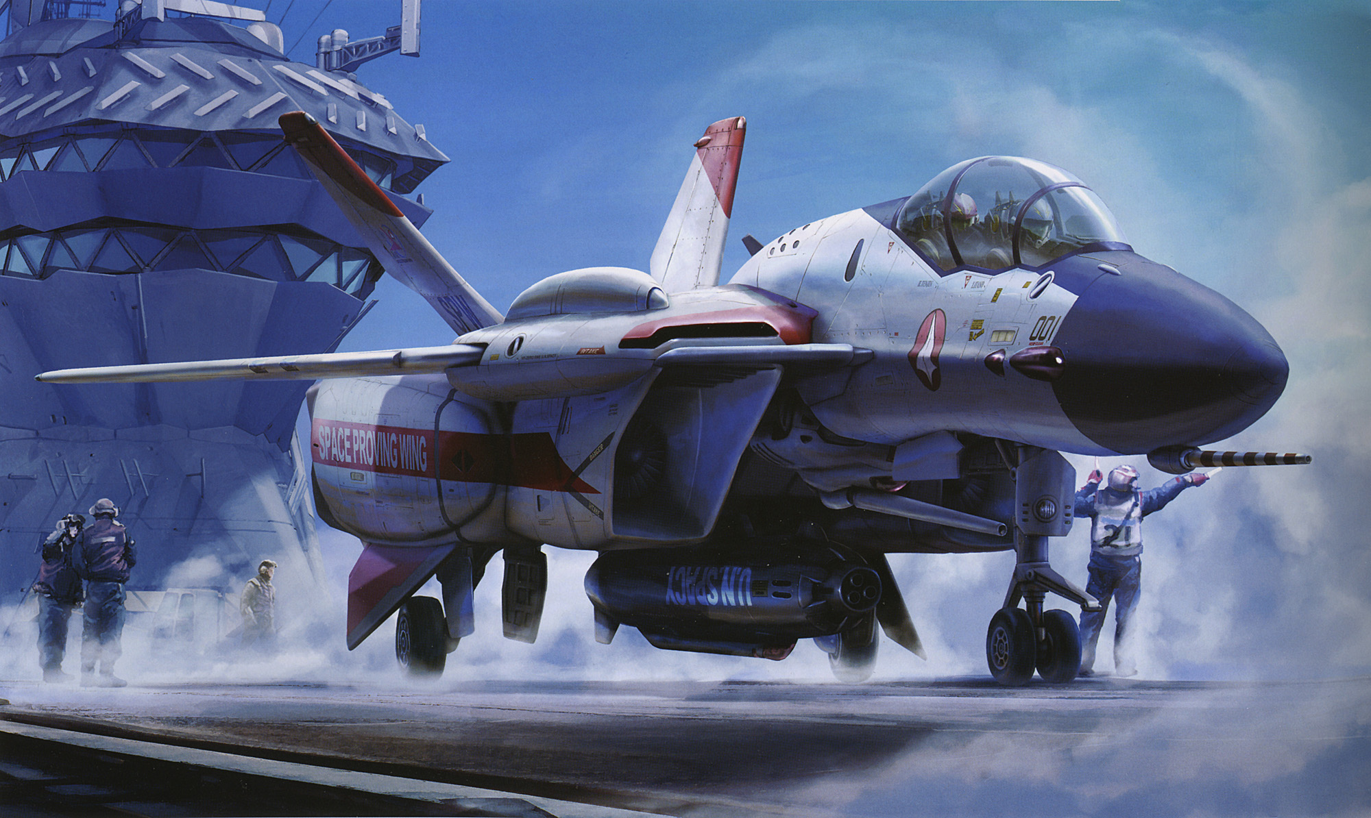 tenjin hidetaka, asuka ii, vf-0, vf-0b, macross, macross zero, highres, 00s, 6+boys, aircraft, aircraft carrier, aircraft marshaller, airplane, cockpit, fighter jet, fog, headset, helmet, male focus, mecha, military, military vehicle, multiple boys, realistic, robot, science fiction, ship, smoke, vehicle focus, warship, watercraft