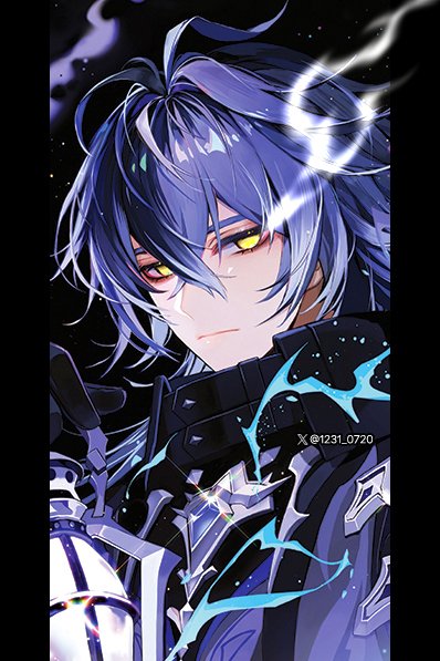 np (1231 0720), flins (genshin impact), genshin impact, commentary, english commentary, 1boy, :|, black coat, black gloves, blue gemstone, blue hair, closed mouth, coat, collared coat, crossed bangs, double-parted bangs, empty eyes, gem, gloves, holding, holding lantern, lantern, long hair, looking to the side, male focus, pillarboxed, portrait, sideways glance, solo, sparkle, twitter username, yellow eyes