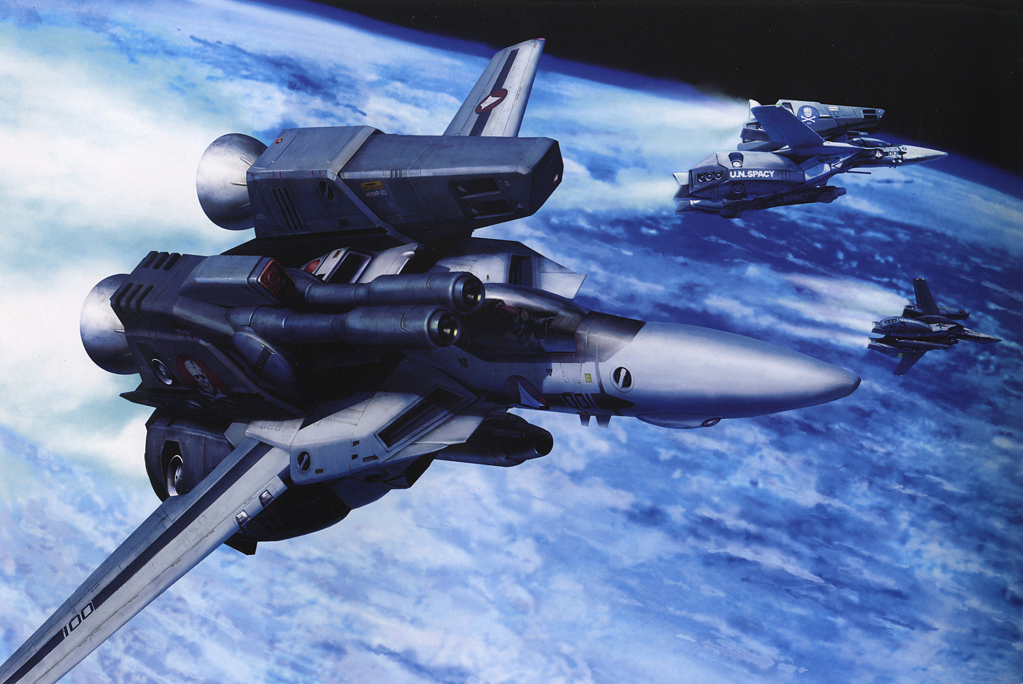 tenjin hidetaka, vf-1, vf-1 strike, vf-1a, vf-1s, choujikuu yousai macross, macross, macross: do you remember love?, 1980s (style), highres, 1boy, aircraft, airplane, cannon, earth (planet), fighter jet, flying, jolly roger, mecha, military, military vehicle, oldschool, orbit, photorealistic, planet, realistic, retro artstyle, robot, science fiction, skull and crossbones, skull squadron, space, vehicle focus