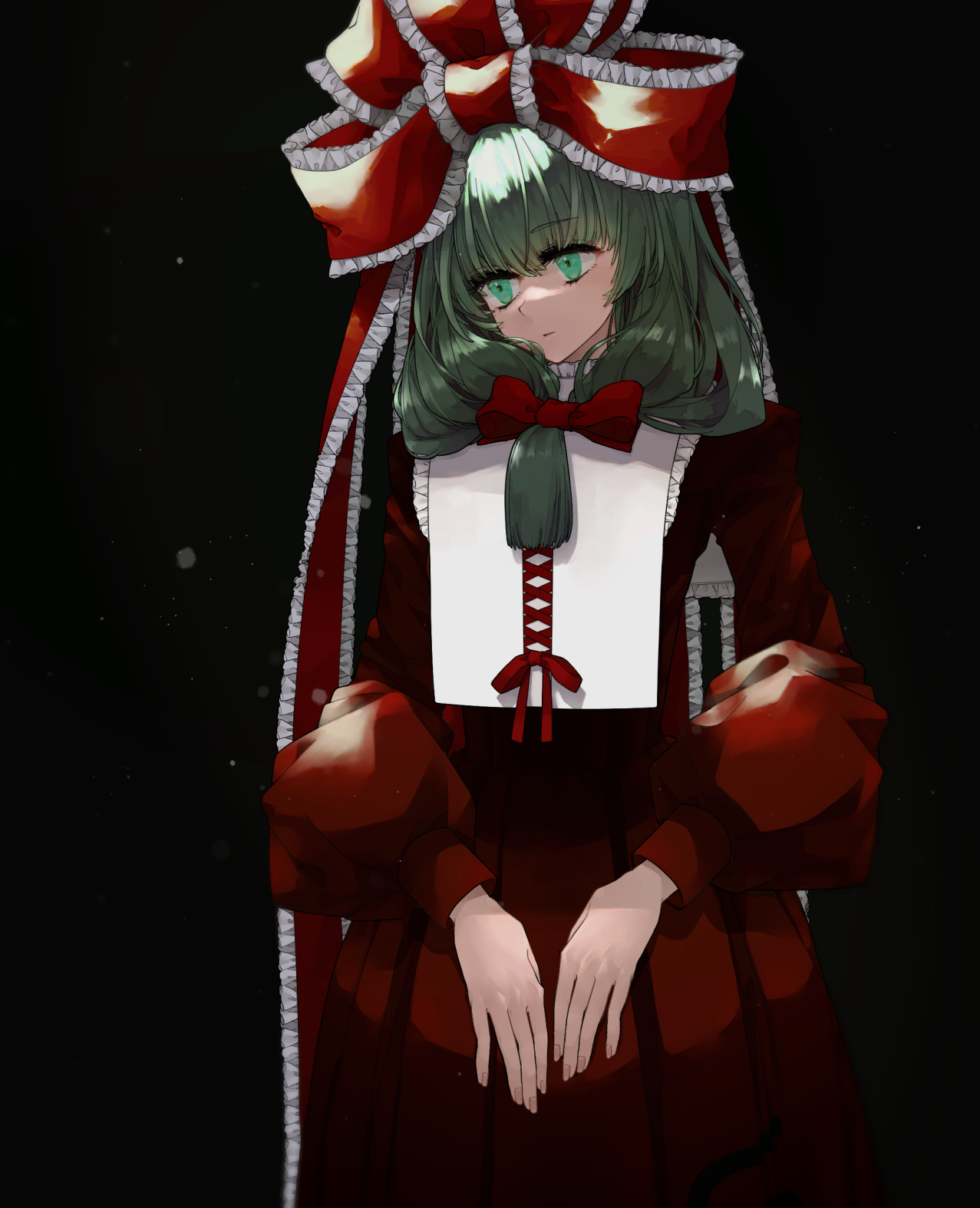 a-li, kagiyama hina, touhou, commentary request, highres, 1girl, black background, collar, cowboy shot, dated commentary, dress, expressionless, fingernails, frilled ribbon, frills, front ponytail, green eyes, green hair, hair ribbon, light particles, long hair, long ribbon, long sleeves, looking to the side, pleated dress, puffy long sleeves, puffy sleeves, red dress, red ribbon, ribbon, solo, standing, white collar