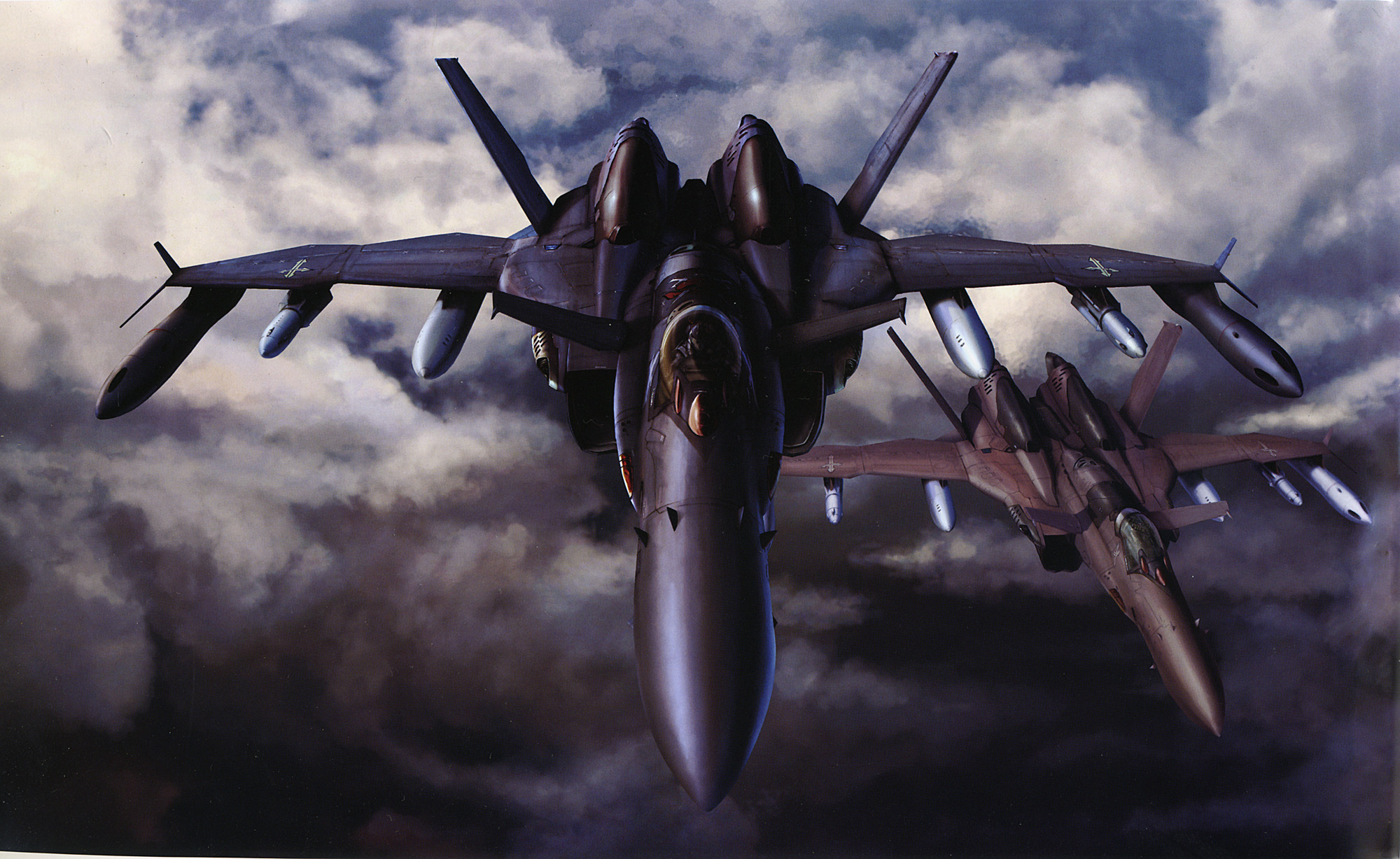 tenjin hidetaka, d.d. ivanov, sv-51, macross, macross zero, highres, 00s, aircraft, airplane, anti-u.n., canards, cloud, fighter jet, flying, mecha, military, military vehicle, no humans, realistic, robot, sky, vehicle focus