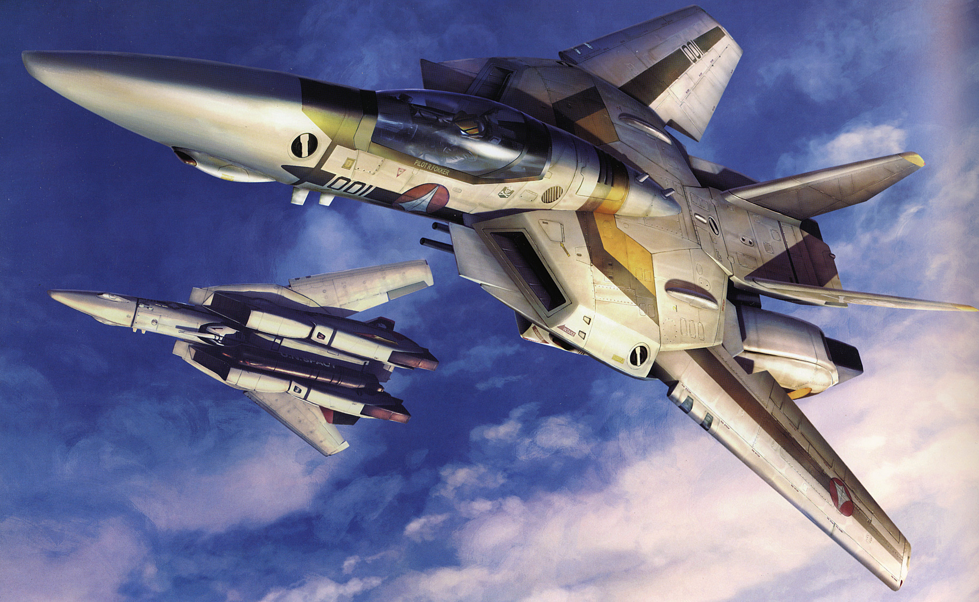tenjin hidetaka, roy focker, vf-1, choujikuu yousai macross, macross, macross: do you remember love?, 1980s (style), highres, cloud, day, flying, mecha, no humans, oldschool, realistic, retro artstyle, robot, sky, vehicle focus