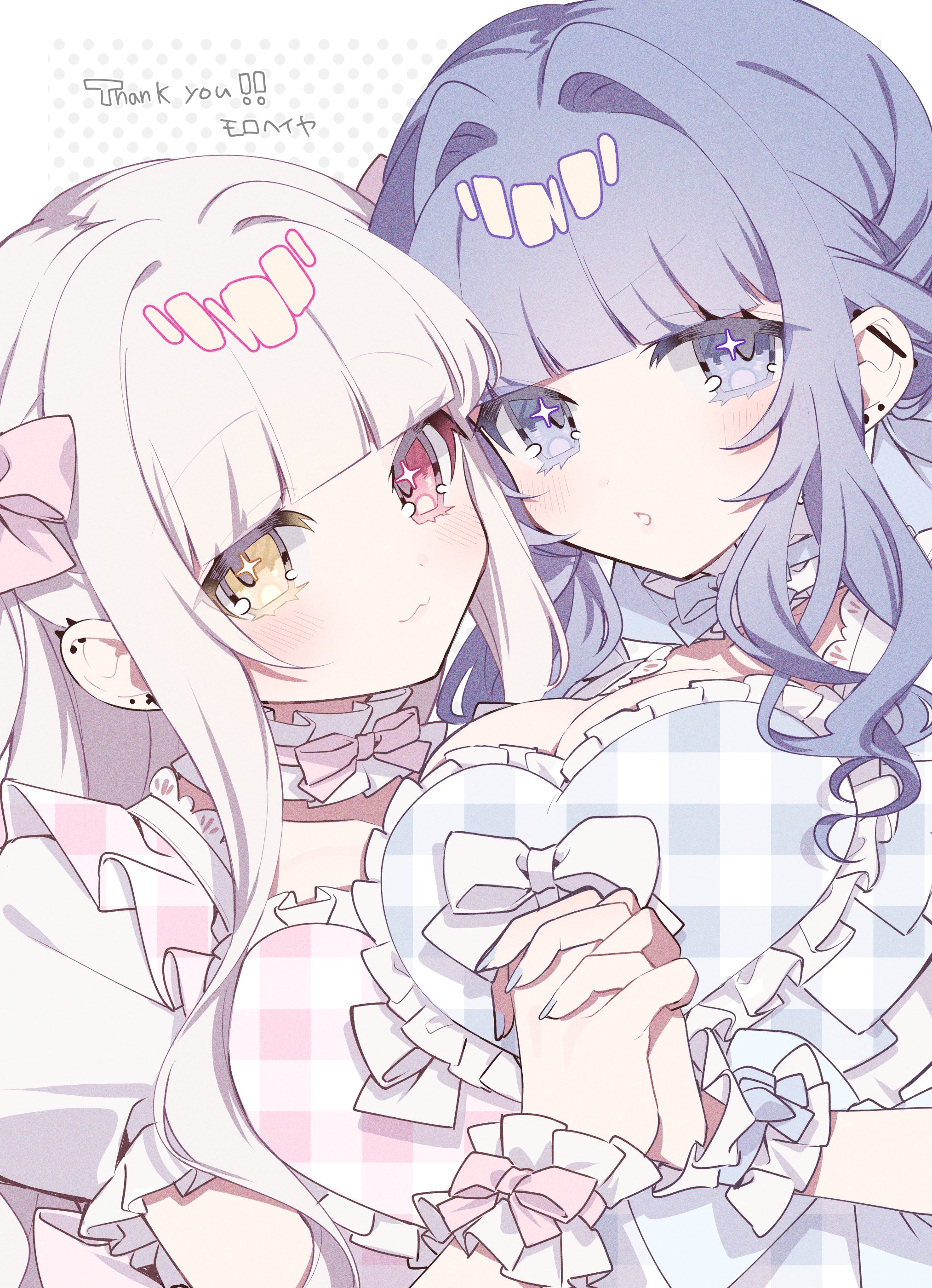 original, absurdres, commission, highres, skeb commission, 2girls, :3, blue eyes, blue hair, blue nails, blunt bangs, blush, bow, breasts, choker, cleavage, dress, ear piercing, frilled choker, frills, hair bow, heterochromia, holding hands, interlocked fingers, large breasts, long hair, looking at viewer, multiple girls, piercing, pink bow, purple hair, red eyes, sidelocks, smile, symbol-shaped pupils, tznb last, white hair, yellow eyes