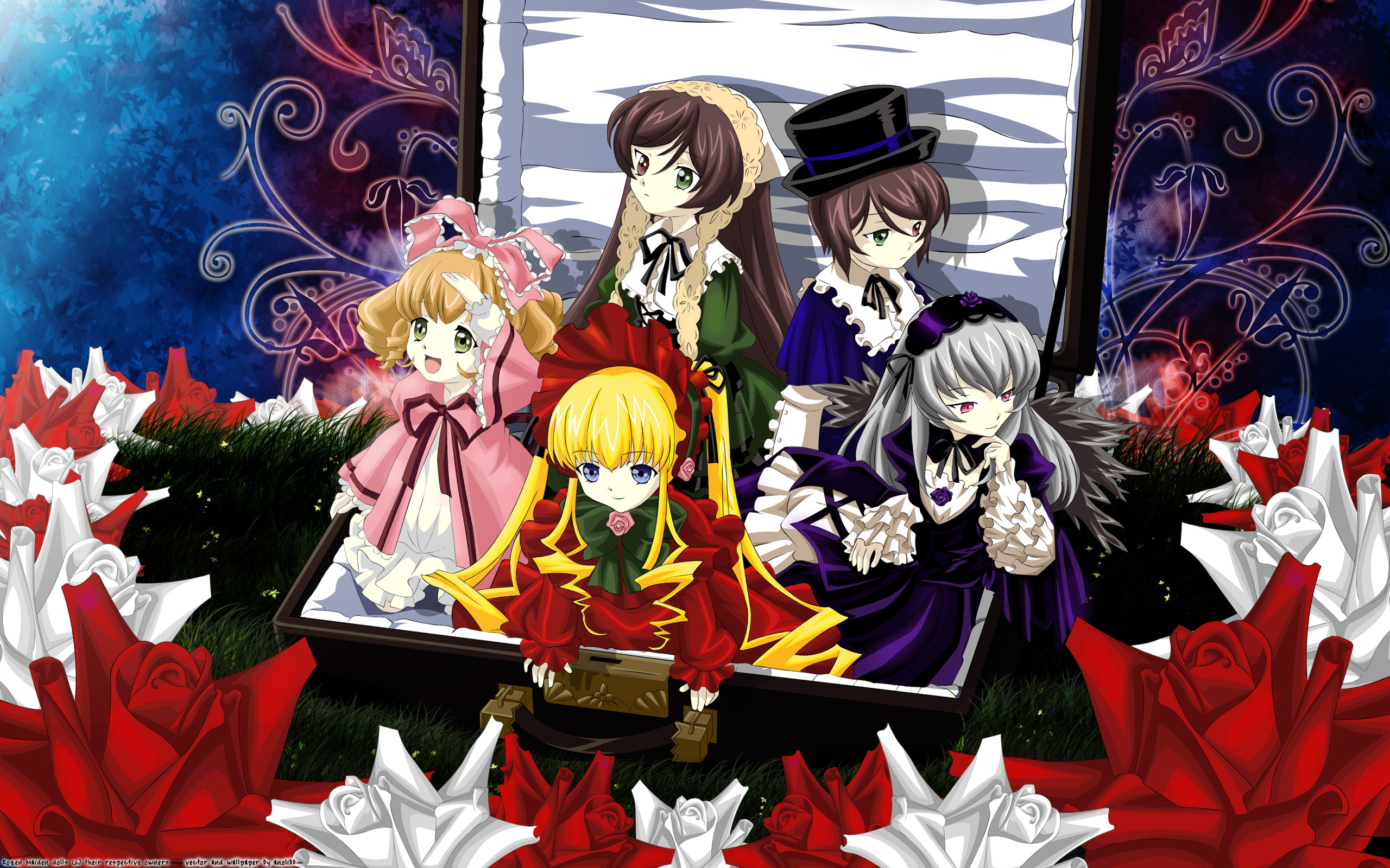 hinaichigo, shinku, souseiseki, suigintou, suiseiseki, rozen maiden, highres, 00s, 5girls, blonde hair, bow, multiple girls, pink bow, siblings, sisters, twins
