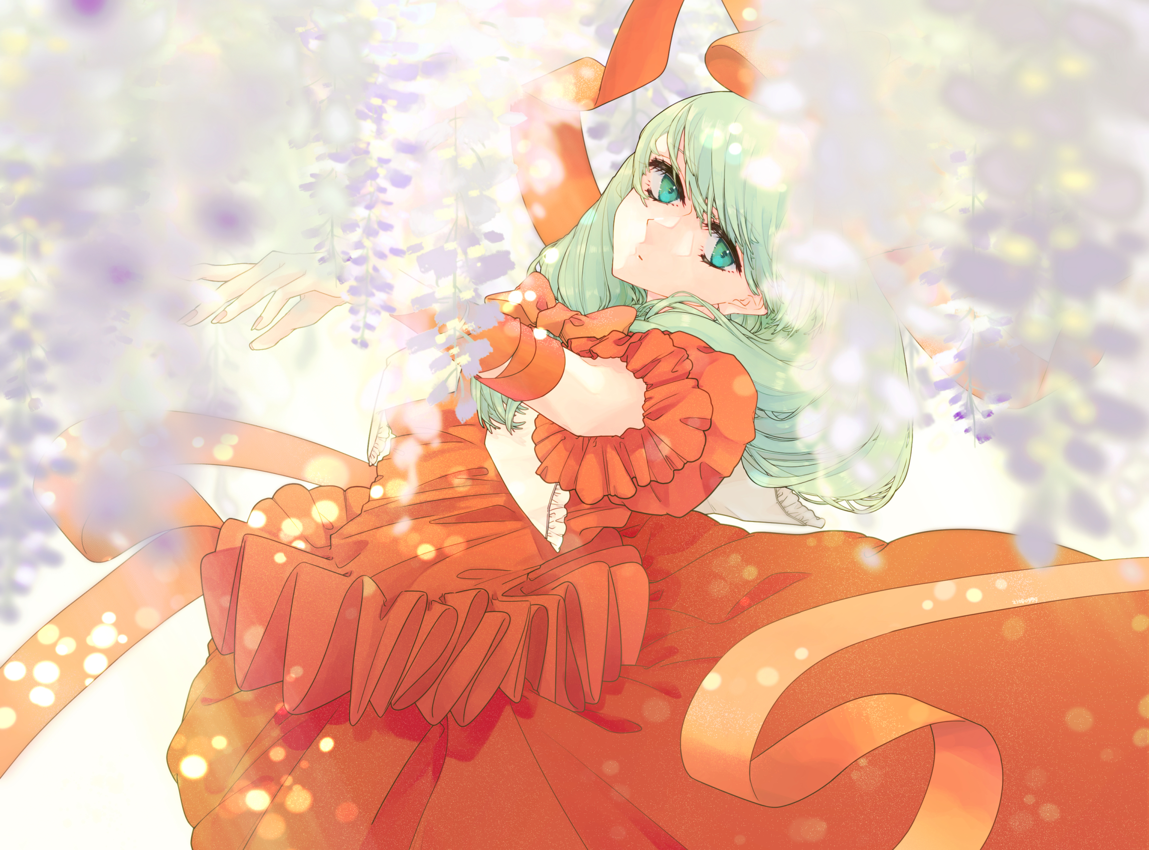 a-li, kagiyama hina, touhou, commentary request, highres, 1girl, blurry, collar, depth of field, feet out of frame, flower, frilled collar, frilled shirt, frills, front ponytail, green eyes, green hair, hair ribbon, head tilt, long hair, long skirt, looking to the side, outstretched arm, puffy short sleeves, puffy sleeves, purple flower, red ribbon, red shirt, red skirt, ribbon, shirt, short sleeves, skirt, solo, white background, white collar, wisteria