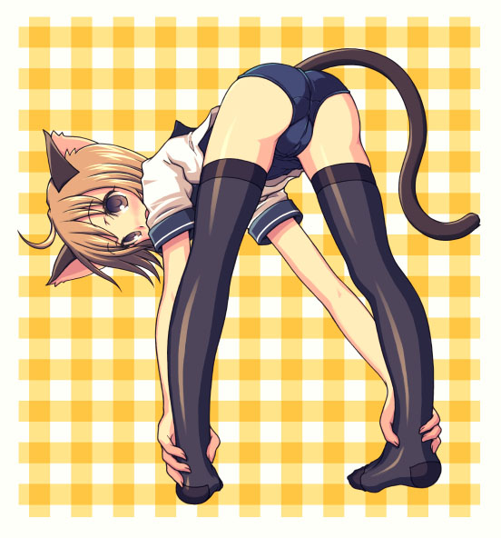kimarin, original, 1girl, animal ears, bent over, cat ears, cat tail, female focus, no pants, one-piece swimsuit, school swimsuit, solo, spread legs, swimsuit, swimsuit under clothes, tail, thighhighs